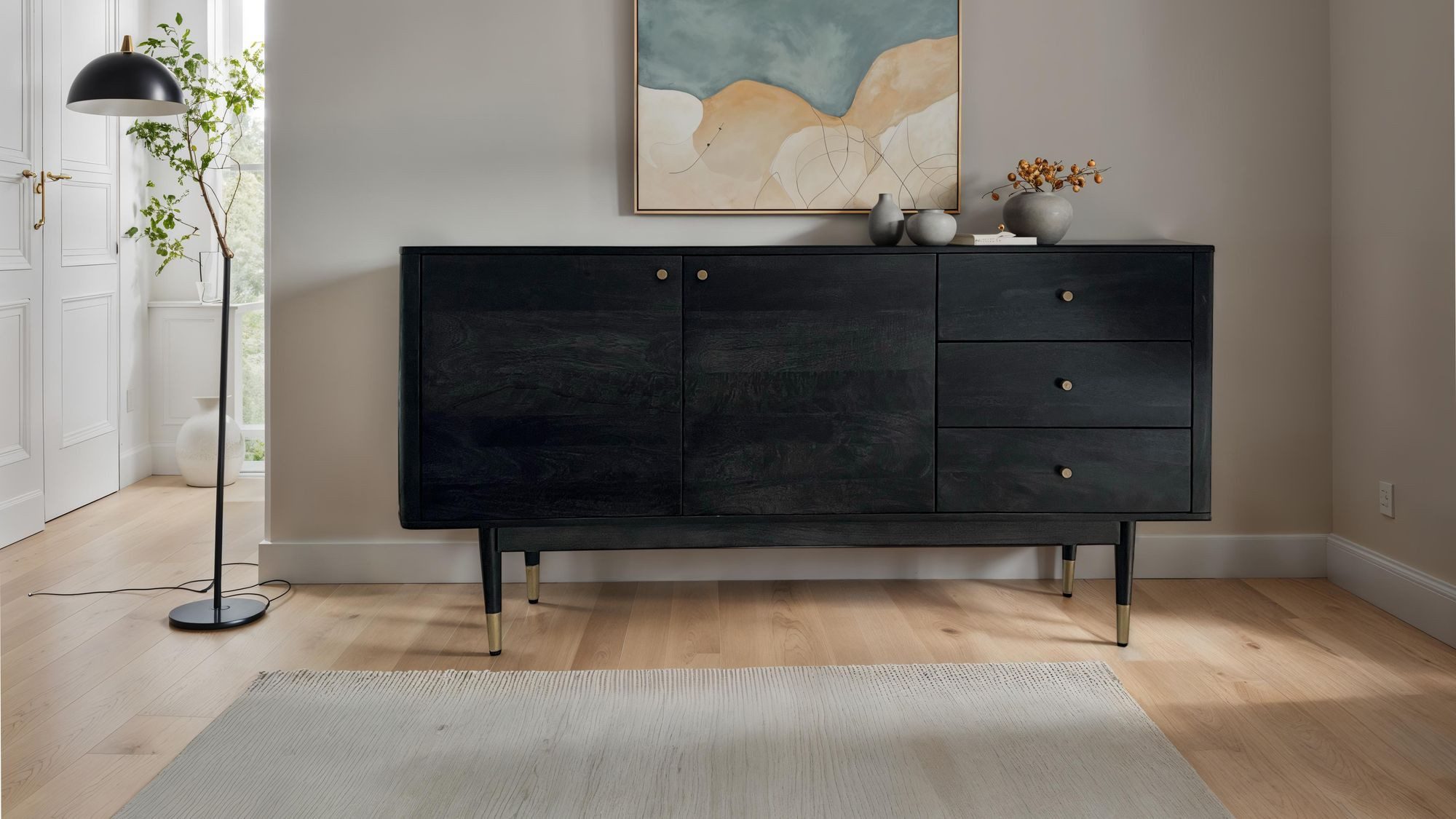 Wohnling Sideboard WL7.021 160 cm Massivholz Schwarz Kommode Anrichte Türen Schubladen (160 cm Akazie Massivholz Schwarz, Kommode Hoch), Anrichte Modern, Standschrank Türen & Schubladen