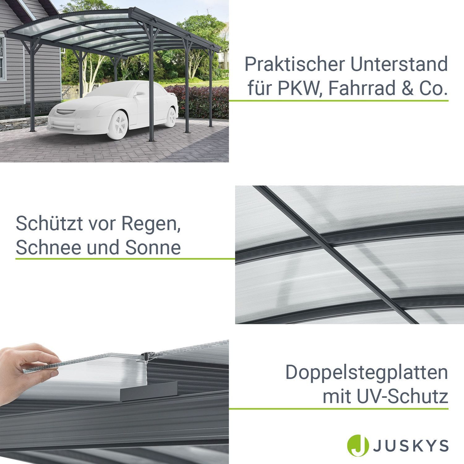 Juskys Einzelcarport Unterstand mit gebogenem Dach 5 x 3 m, BxT: 302x505 cm, 226 cm Einfahrtshöhe, Bogendach mit UV Schutz, hohe Wind und Schneelast
