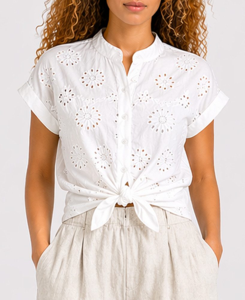 Mississhop Shirtbluse Damen Bluse Weiß Baumwolle – Lochstickerei und Stickerei, Kurzarm S/M
