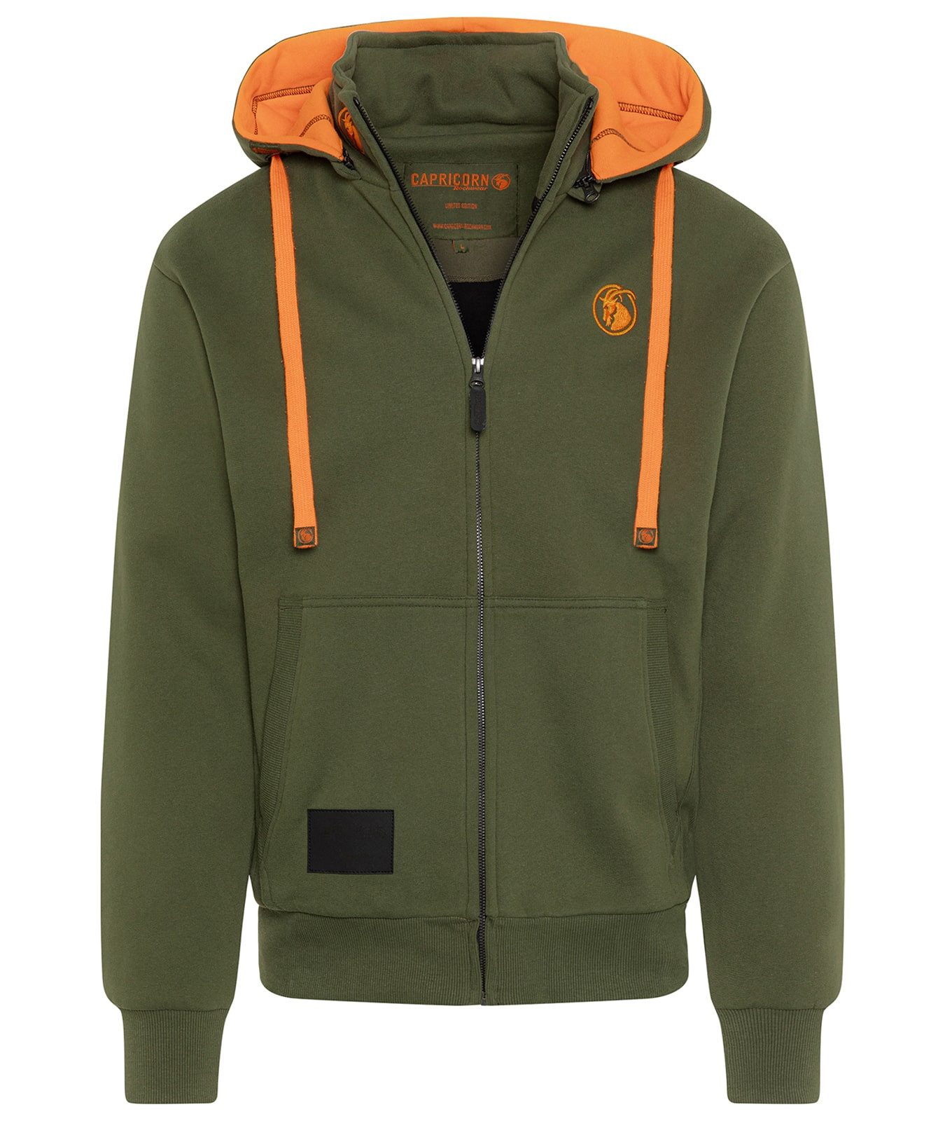 Capricorn Rockwear Kapuzenfleecejacke Kapuzenjacke olivgrün / orange mit abnehmbarer Kapuze abnehmbare Kapuze, Smartphone Tasche