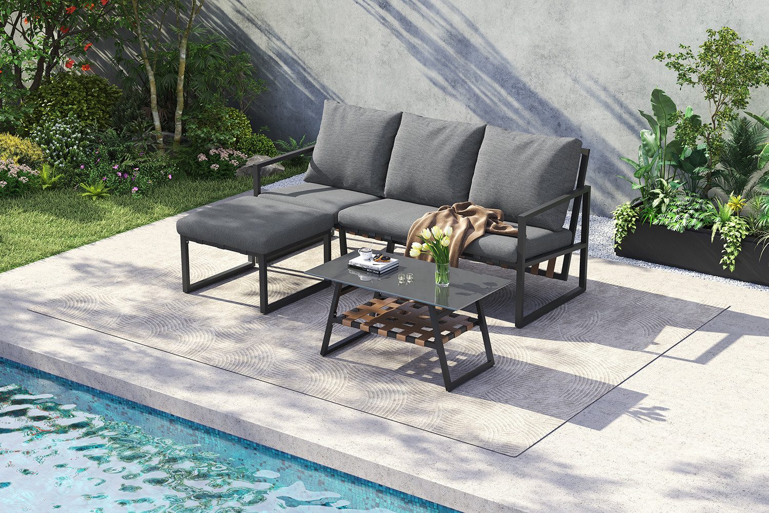 OUTMAX Gartensofa verzinktes Stahlrohr,Glastischplatte,geeignet für Gärten,Schwimmbäder, Set 3 Teile, Sofa + Couchtisch + Fußhocker