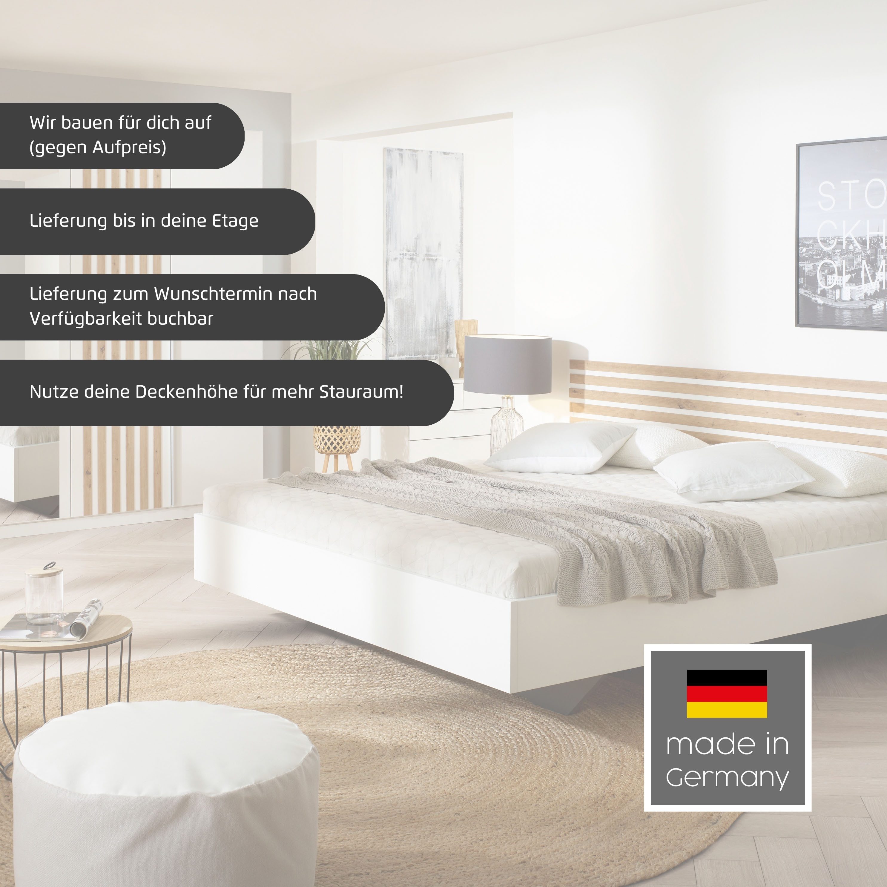rauch Schlafzimmer-Set Komplettzimmer Komplett Set Schrank 226 cm Bett 160/180 cm LAMELLA, (Set, 4-tlg., 3 verschiedene Ausstattungen BASIC/CLASSIC/PREMIUM (inkl. SOFT-CLOSE), elegante Lamellen-Auflage in 3D Akustikpaneel Optik MADE IN GERMANY