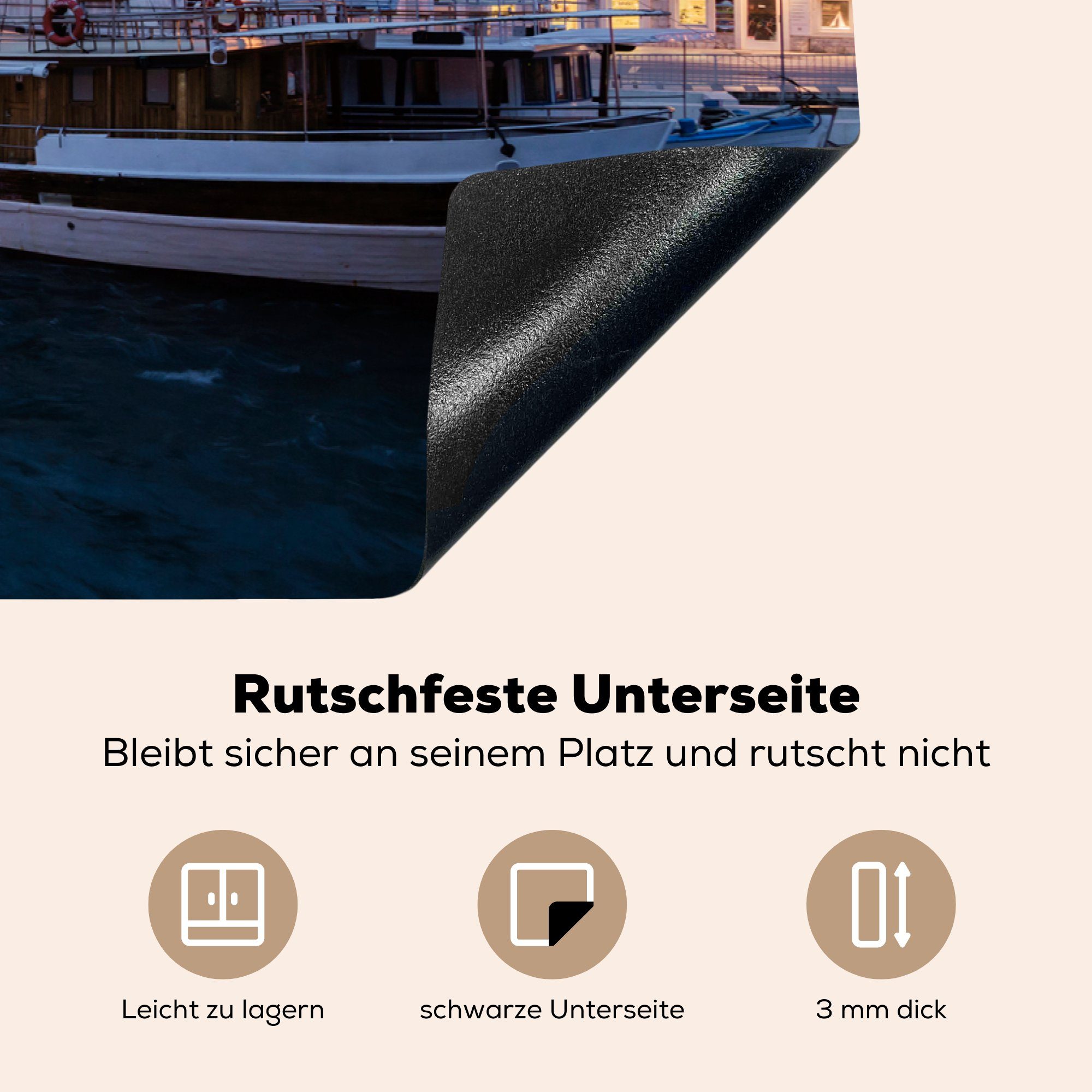 (1 Boote Induktionskochfeld am tlg), Herdblende-/Abdeckplatte Trogir Abend, die für am MuchoWow 81x52 Ceranfeldabdeckung Ufer küche, Schutz Vinyl, cm, in