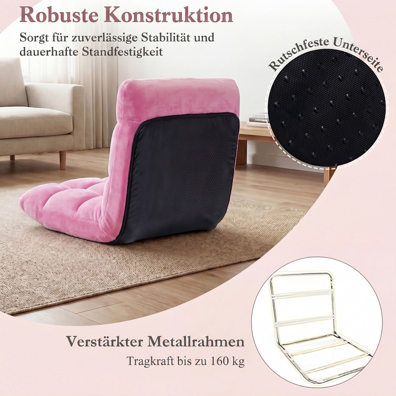 COSTWAY Relaxsessel Bodenstuhl mit verstellbarer Rückenlehne, faltbar gepolstert – Bild 4 von 5