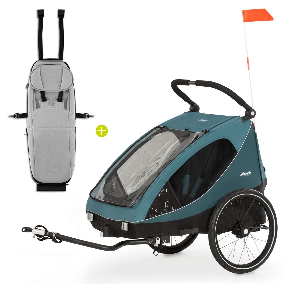 Hauck Fahrradkinderanhänger Dryk Duo Set - Ocean Green, 2in1 Fahrradanhänger Buggy für 2 Kinder bis 44 kg mit Babysitz Lounger