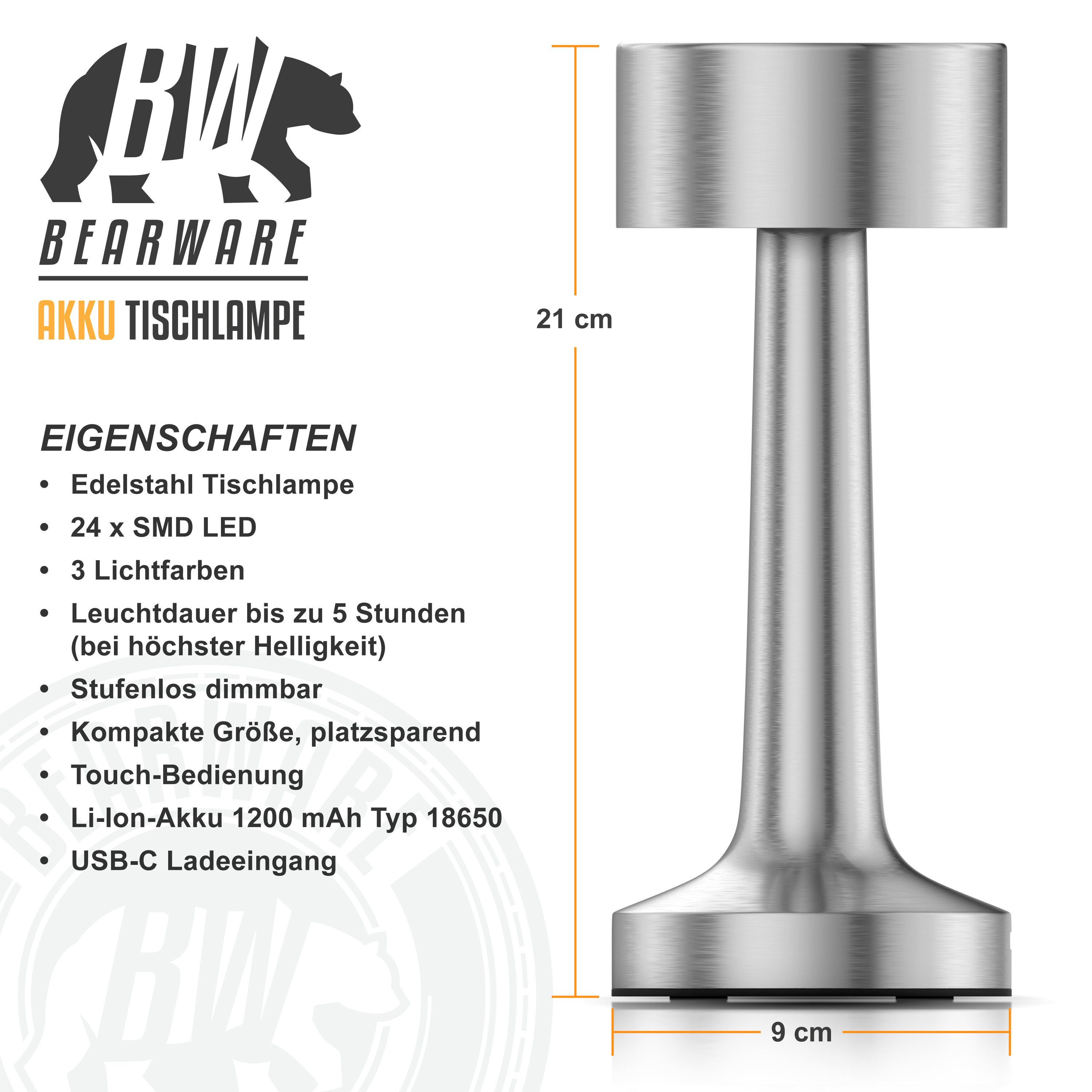 BEARWARE LED Tischleuchte Tischlampe kabellos, stufenlos günstig online kaufen
