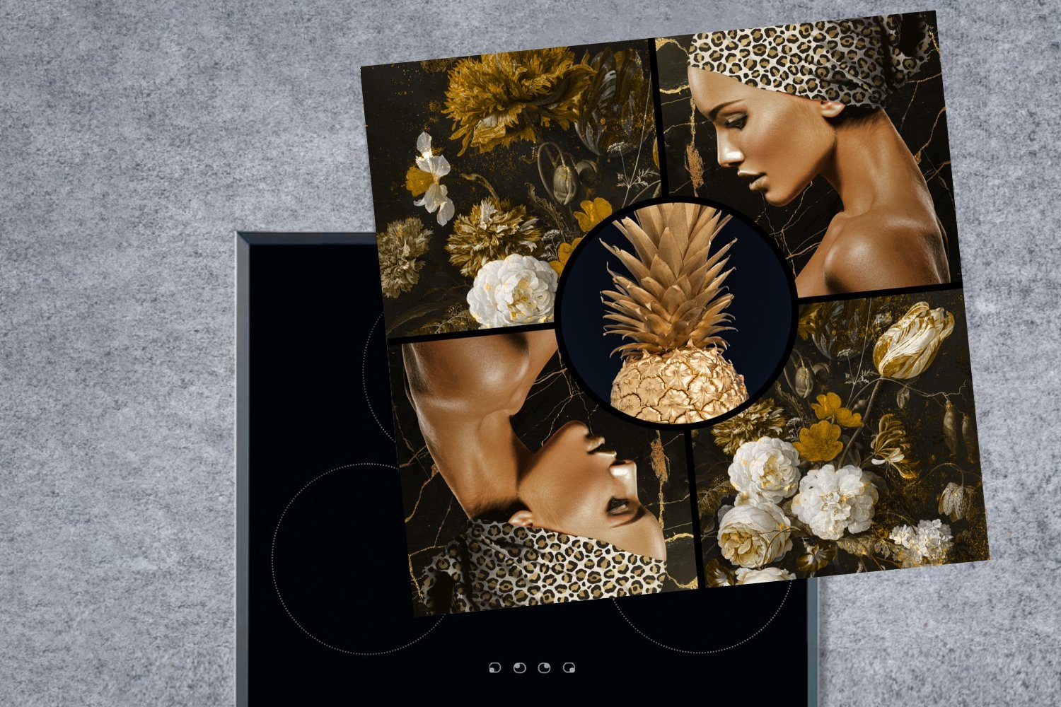 78x78 Frauen Blumen, (1 Arbeitsplatte Ceranfeldabdeckung, MuchoWow cm, für - - küche Vinyl, tlg), Herdblende-/Abdeckplatte - Gold Schwarz