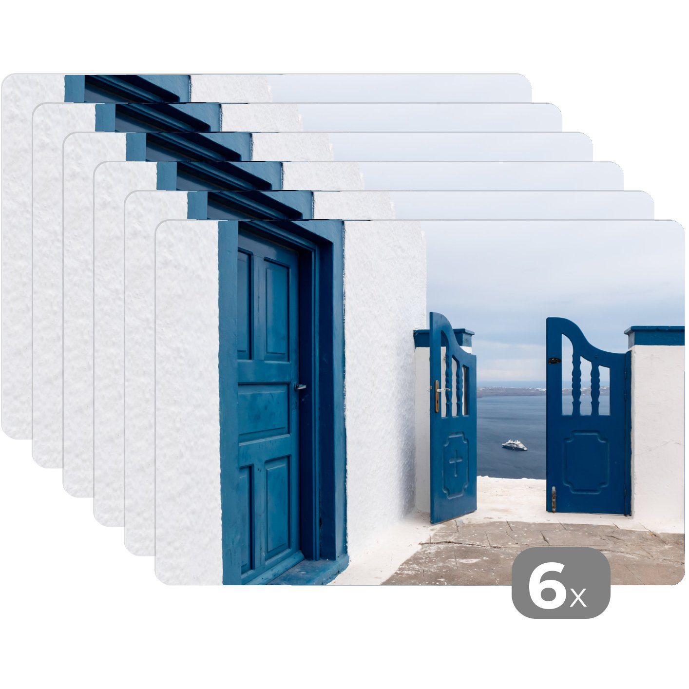 Platzset, Tür Blau Schmutzabweisend Architektur, Platzmatte, Tischmatten, MuchoWow, - Weiß (6-St), Platzset, - - Platzdecken
