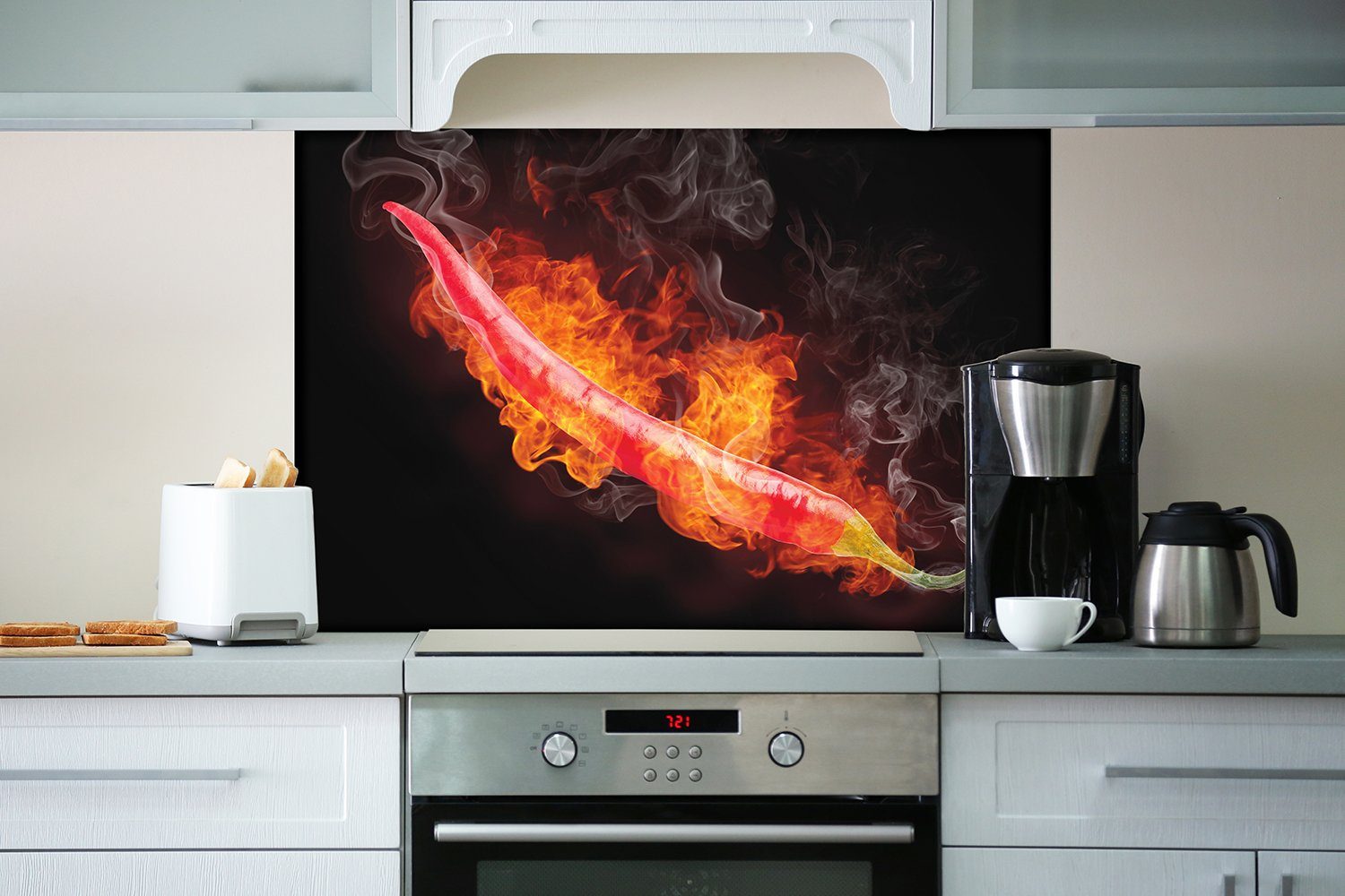 Hintergrund, Chili-Schote vor schwarzem (1-tlg) Heiße, brennende Wallario Küchenrückwand