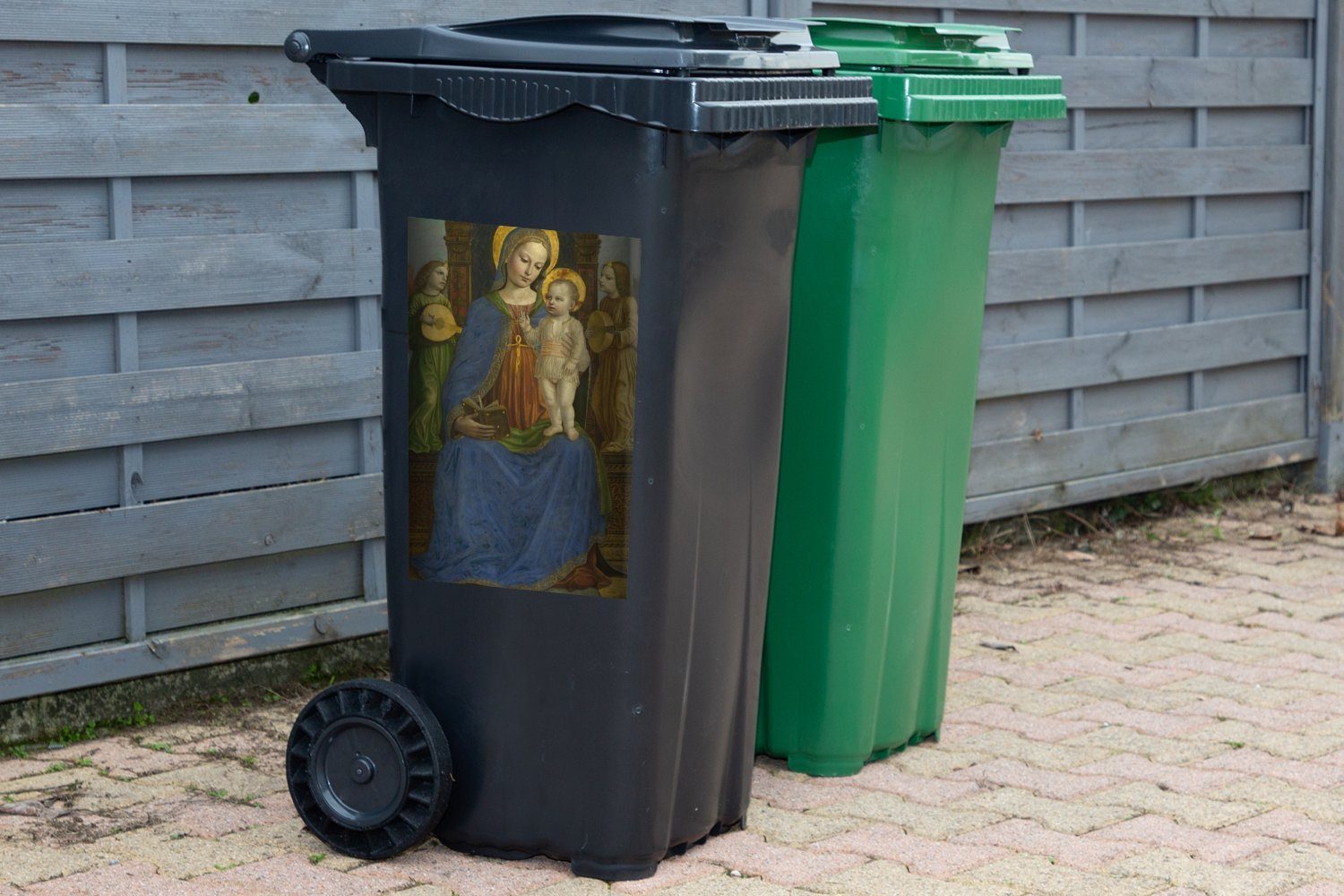 MuchoWow mit Wandsticker Kind zwei Mülltonne, Engeln (1 St), Bernardino Die Bergognone - Abfalbehälter Mülleimer-aufkleber, und das Jungfrau Container, Sticker,