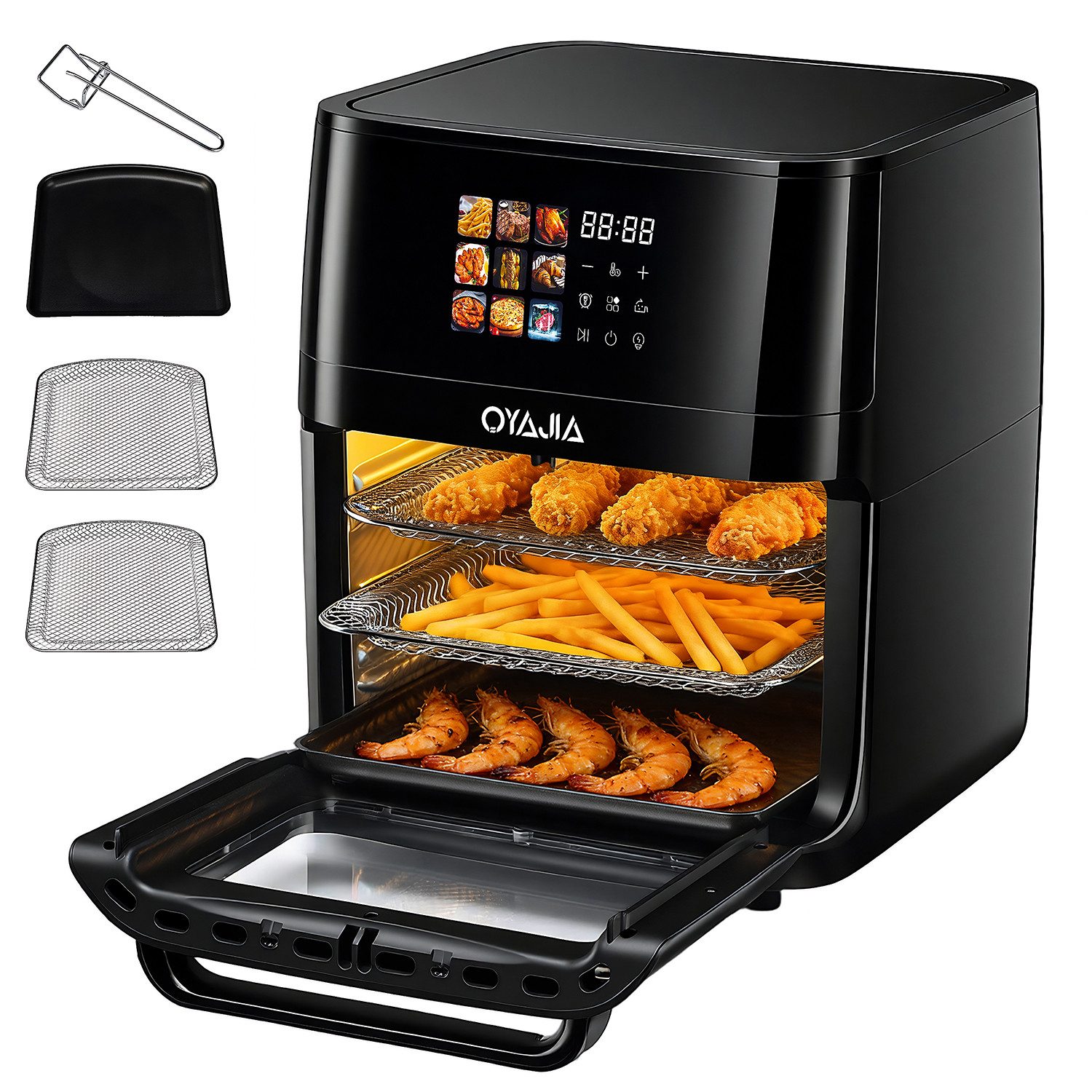 oyajia Heißluftfritteuse Multifunktionsofen 15L, Backofen Umluft, Grill, Dörrautomat, Air Fryer, 2000 W, XXL Fritteuse ohne Öl mit Zubehör für Pizza, Hähnchen, Pommes uvm.