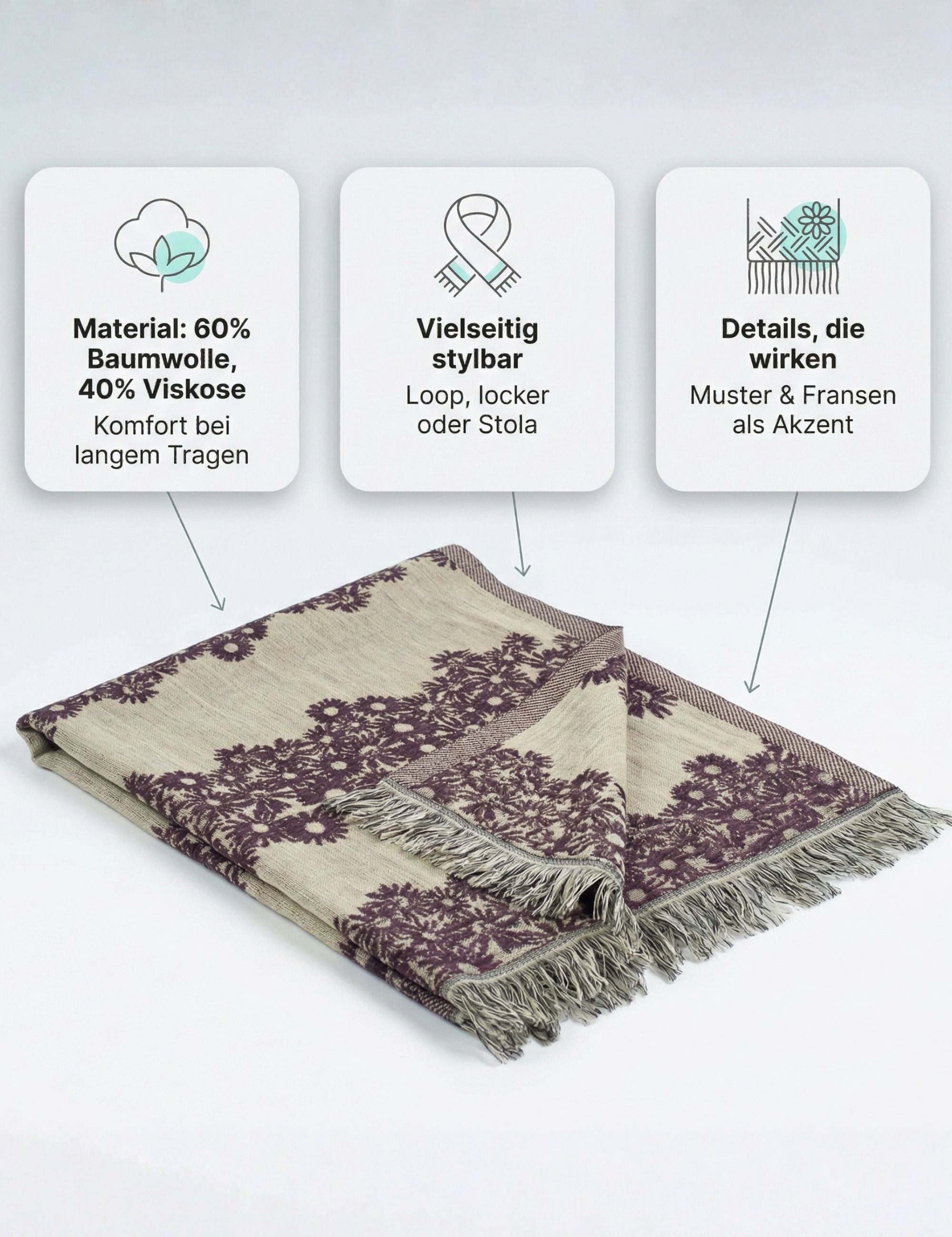 Sunsa Modeschal Winterschal aus 60% Baumwolle/40% Viskose mit Blumen Design, Blumen Design
