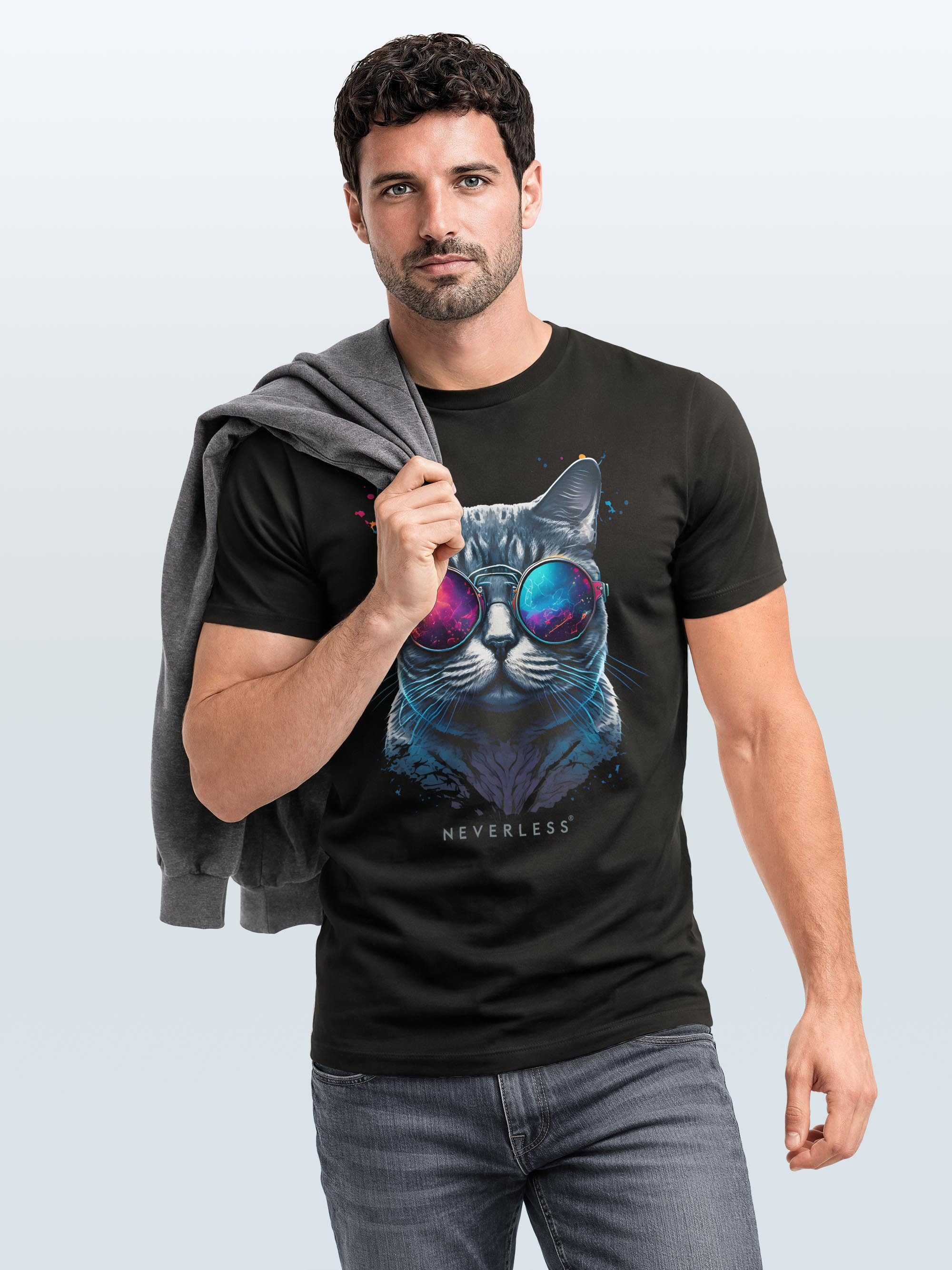 Neverless Print-Shirt Herren T-Shirt Aufdruck Katze Cat Sommer Sonnenbrille Style Fashion mit Print