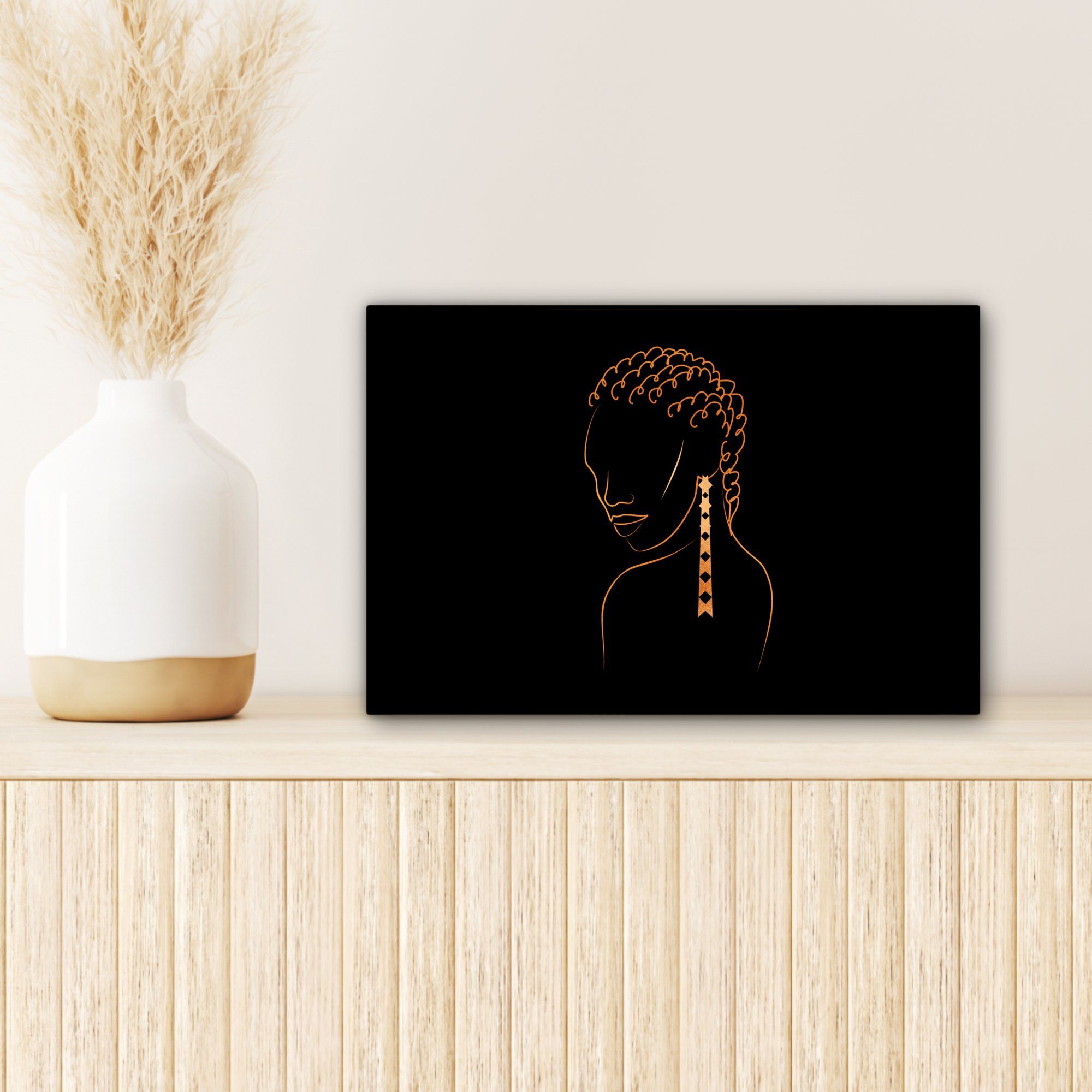 OneMillionCanvasses® Leinwandbild Frau - Linienkunst Leinwandbilder, (1 Gold, Aufhängefertig, - Wanddeko, - Wandbild St), 30x20 cm Ohrringe