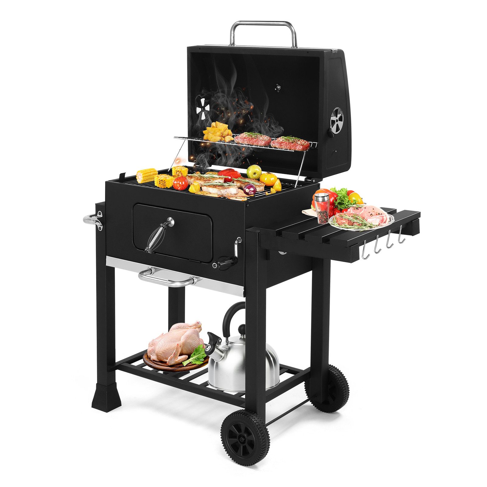 LALAHO Holzkohlegrill Grillwagen mit Faltbarer Seitenablagen, Höhenverstellbarer Gril mit Deckel, Räder, Thermometer, 116x57x108cm
