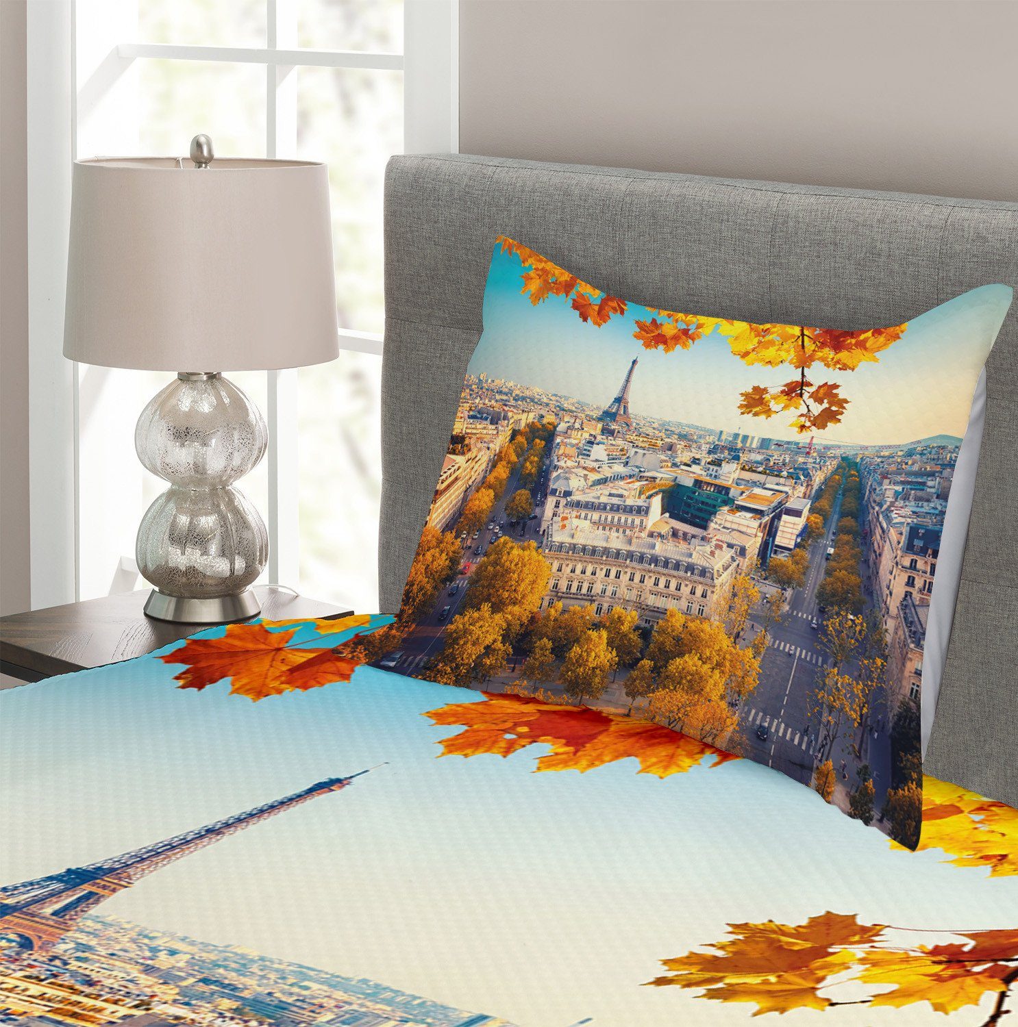 Kissenbezügen Set Luftaufnahme Waschbar, Eiffelturm Abakuhaus, Herbst mit Tagesdecke
