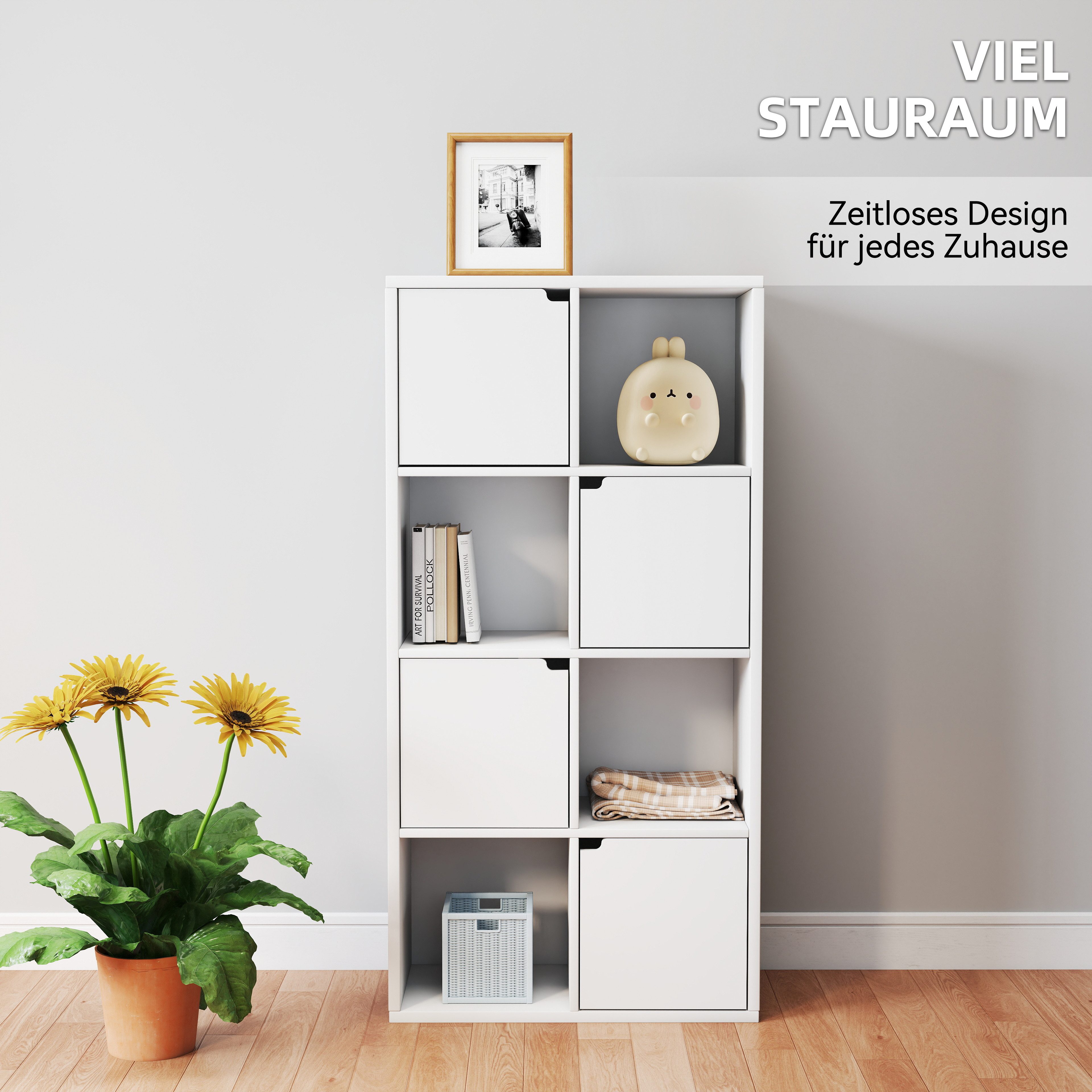 oyajia Bücherregal Bücherschrank 112cm für Wohnzimmer Home Office, 8 Fächer mit 4 Türen, Standregale, für Wohnzimmer, Büro, Weiß