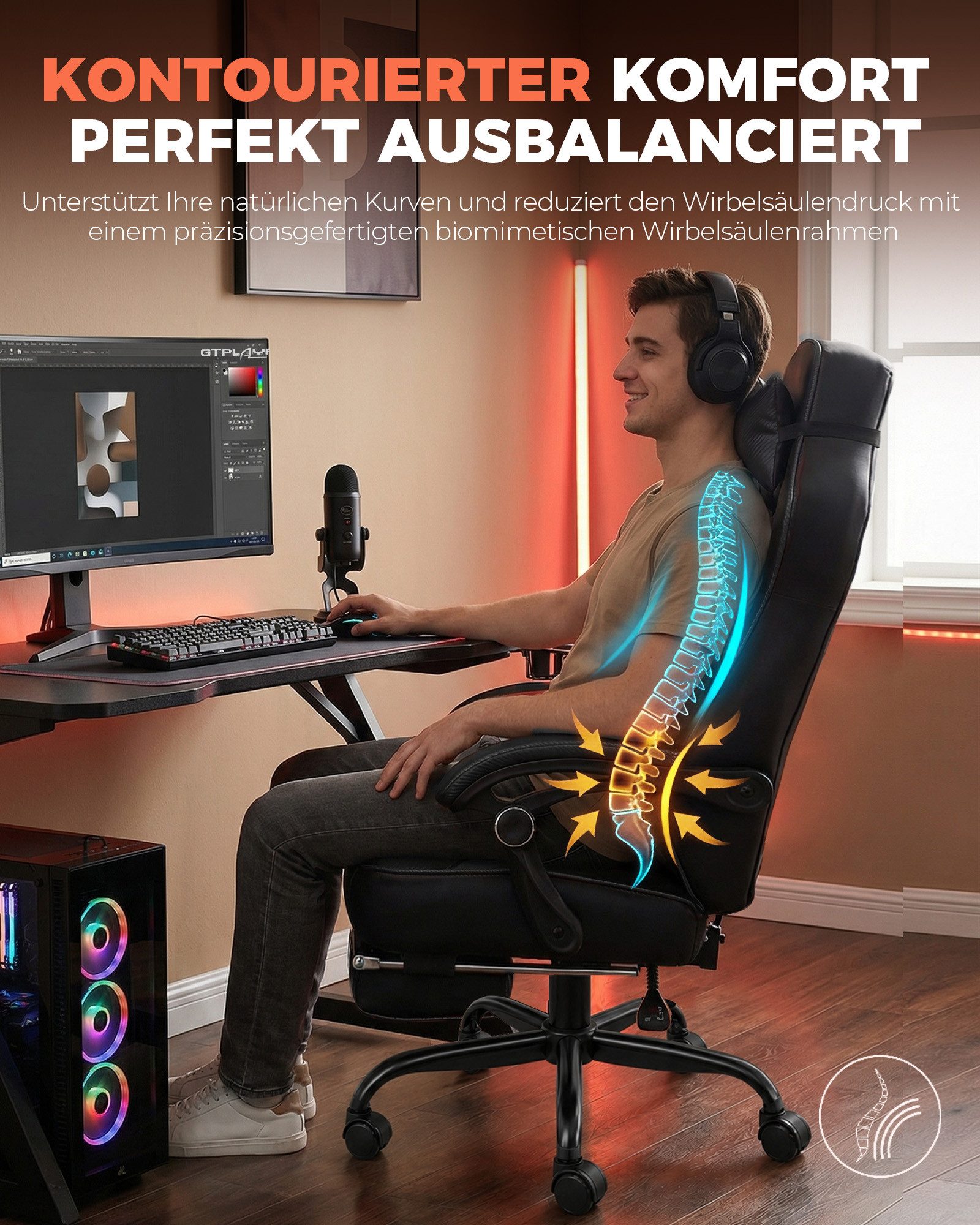 GTPLAYER Gaming-Stuhl Bürostuhl Schreibtischstuhl mit Kopf- und Lendenstütze, bis 180kg, Kunstleder Hohe Rückenlehne Verstellbarer Drehsessel