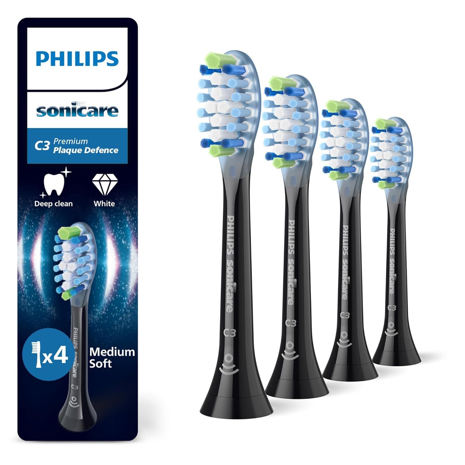 Philips Aufsteckbürsten Philips Sonicare C3 Aufsteckbürsten, 4er-Pack Schwarz, Packung, 4er-Pack Schwarz, Bis zu 10x mehr Plaque-Entfernung, BrushSync kompatibel