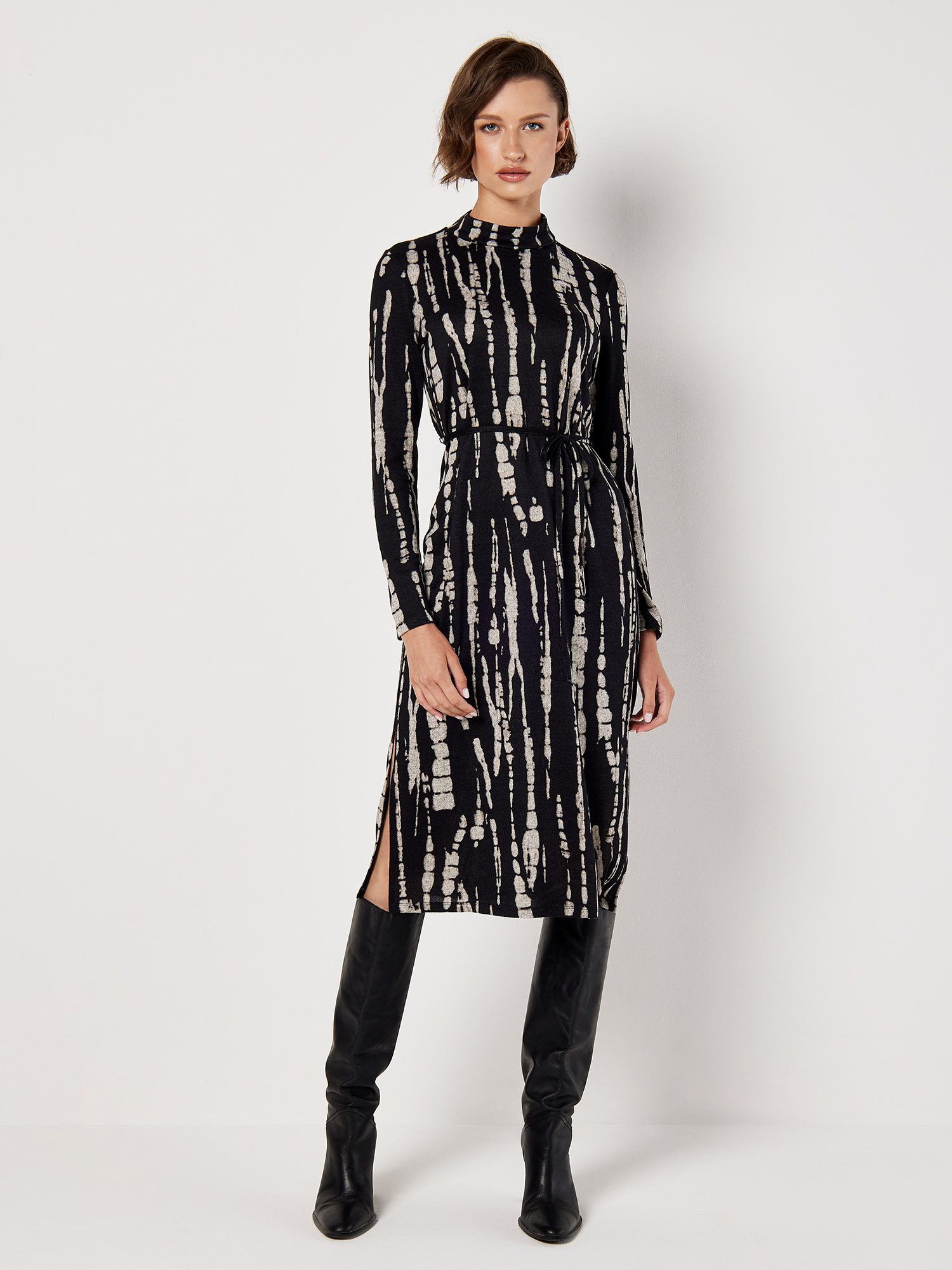 Apricot Druckkleid Streifenkleid (2-tlg., Stoffgürtel) mit Stehkragen