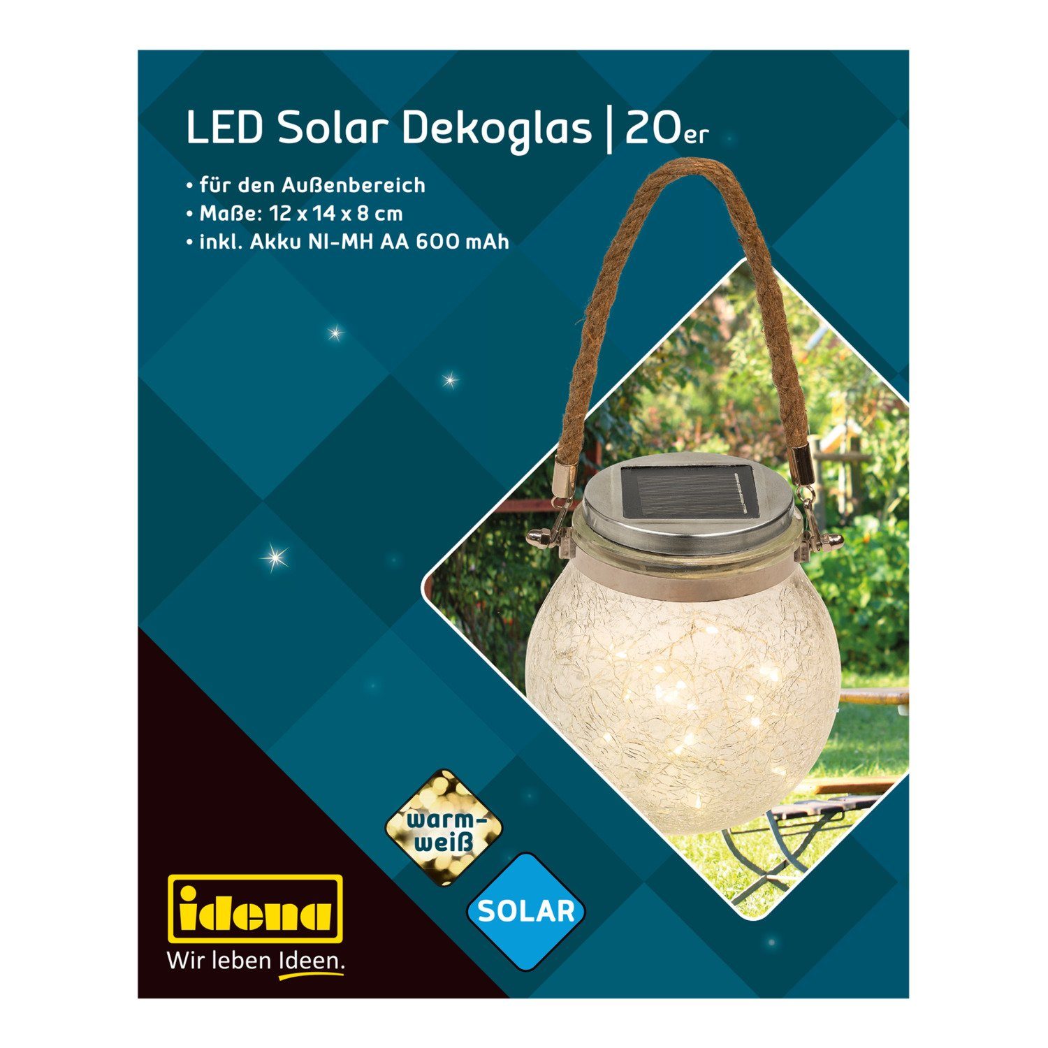 Idena LED-Lichterkette Idena LED in LED Solarlampen 31344 - für 20 Deko Warmweiß, Glas mit