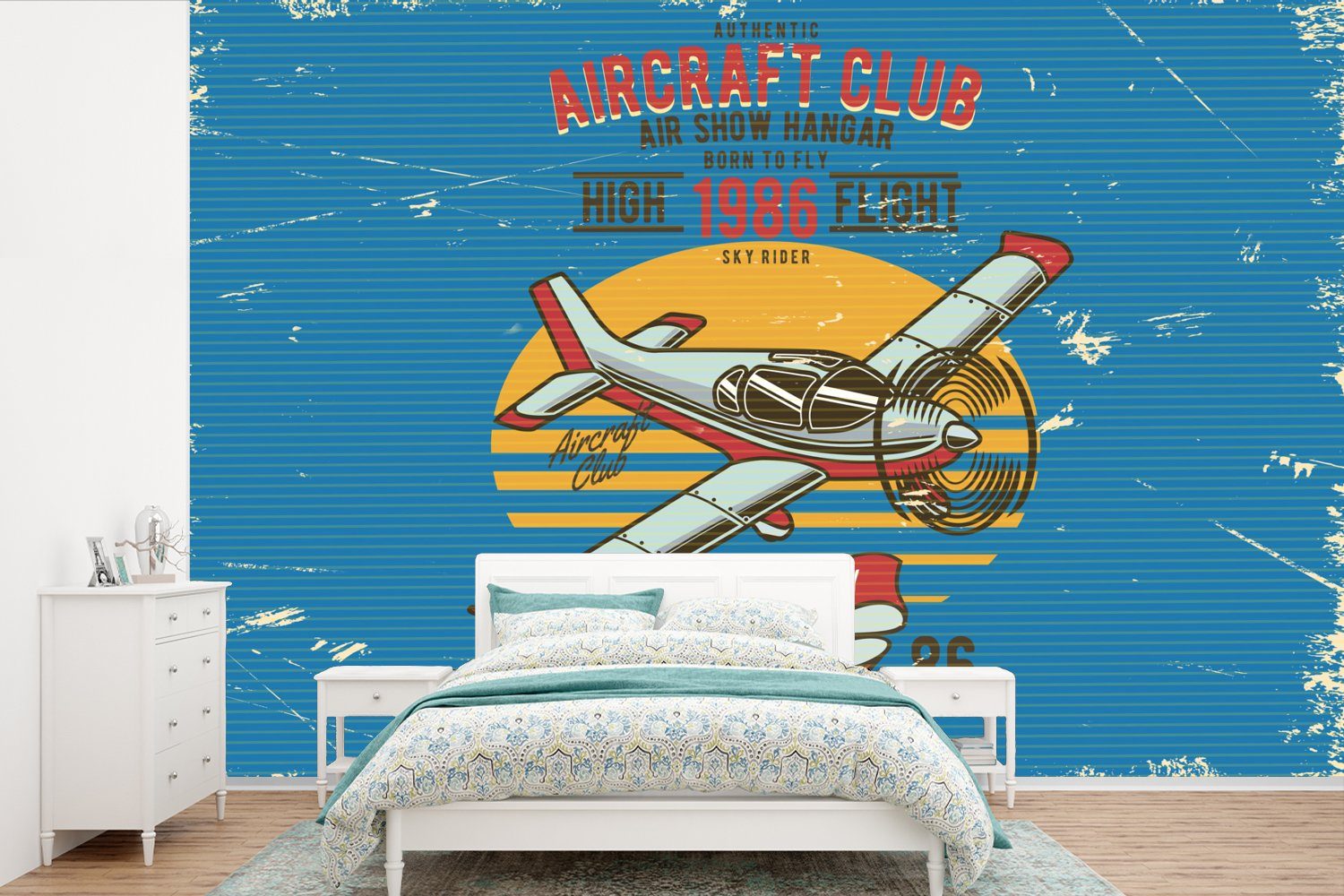MuchoWow Fototapete Mancave - Flugzeug - Vintage, Matt, bedruckt, (6 St), Wallpaper für Wohnzimmer, Schlafzimmer, Kinderzimmer, Vinyl Tapete