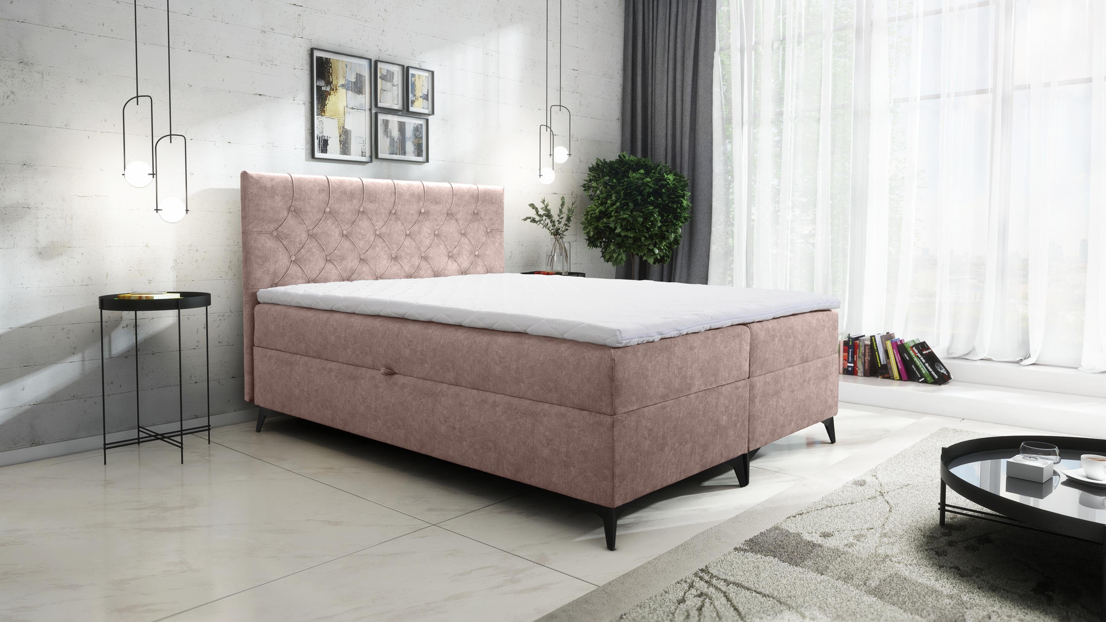 Furnix Boxspringbett JULLIE 129-200x200 mit Topper Bettkaste Farbe/Größe Auswahl, mit Topper Rosa