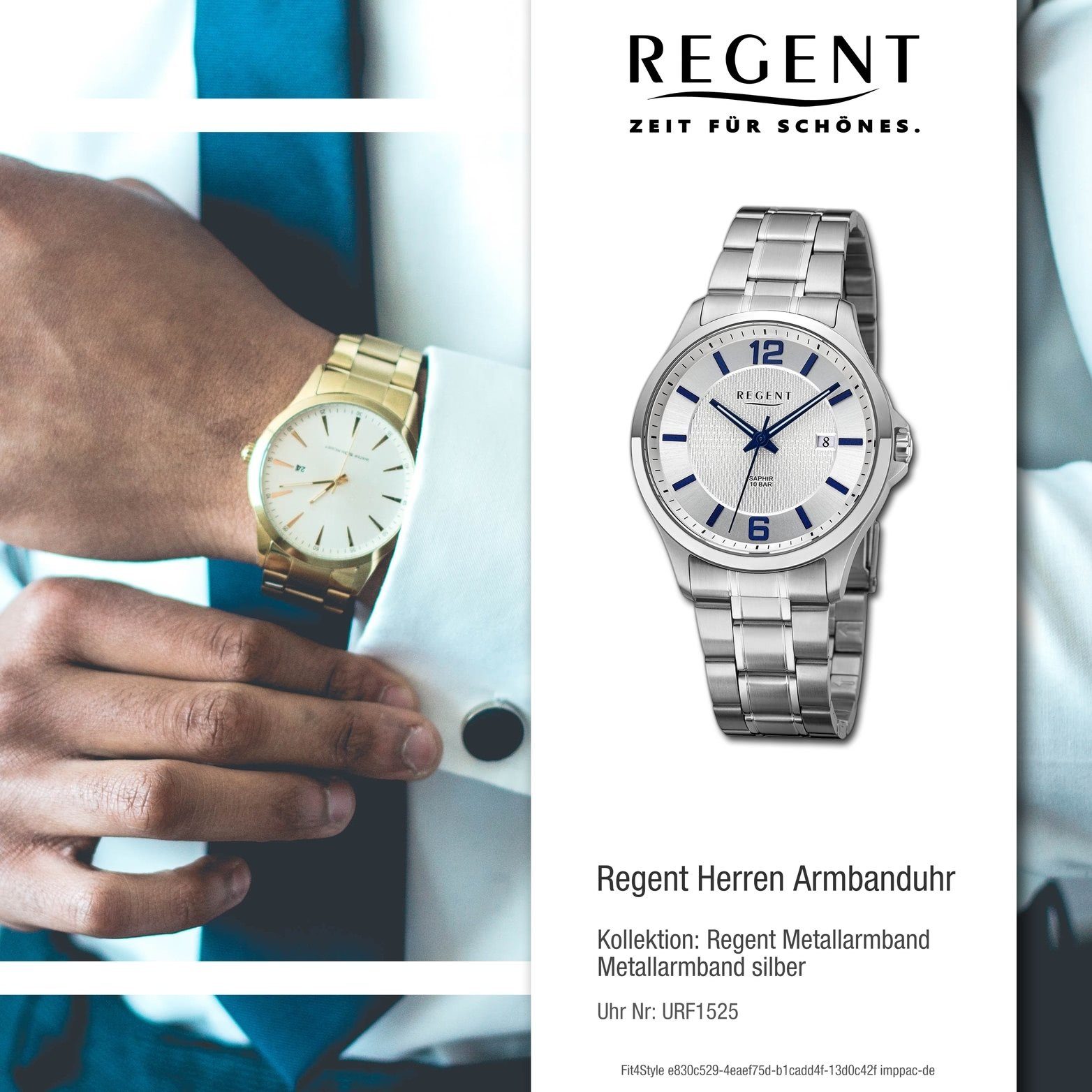 Herren Analog, 39mm) silber, (ca. Armbanduhr groß Regent Metallarmband Regent extra Gehäuse, Quarzuhr Herrenuhr rundes