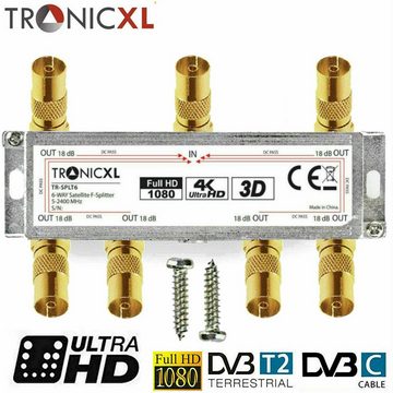 TronicXL SAT-Verteiler 6-fach Koax Antennenverteiler HD 3D 4K Verteiler Weiche Splitter TV, F-Buchsen + Koax Adapter