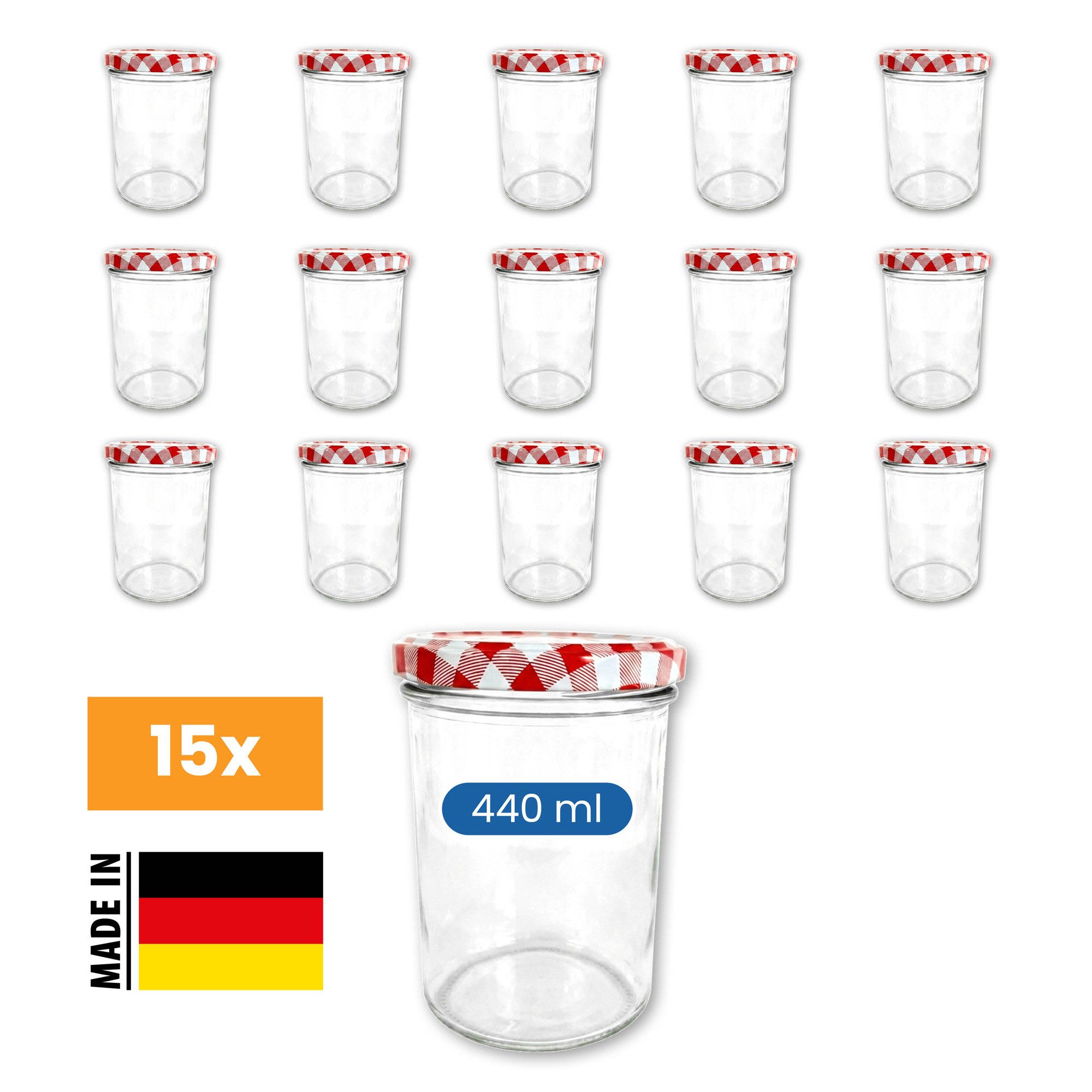 EUROHOME Marmeladenglas EUROHOME® Einmachglas 440 ml, Glas, (15-tlg., Einmachglas 15er Set), Einmachgläser mit Deckel - Schraubgläser
