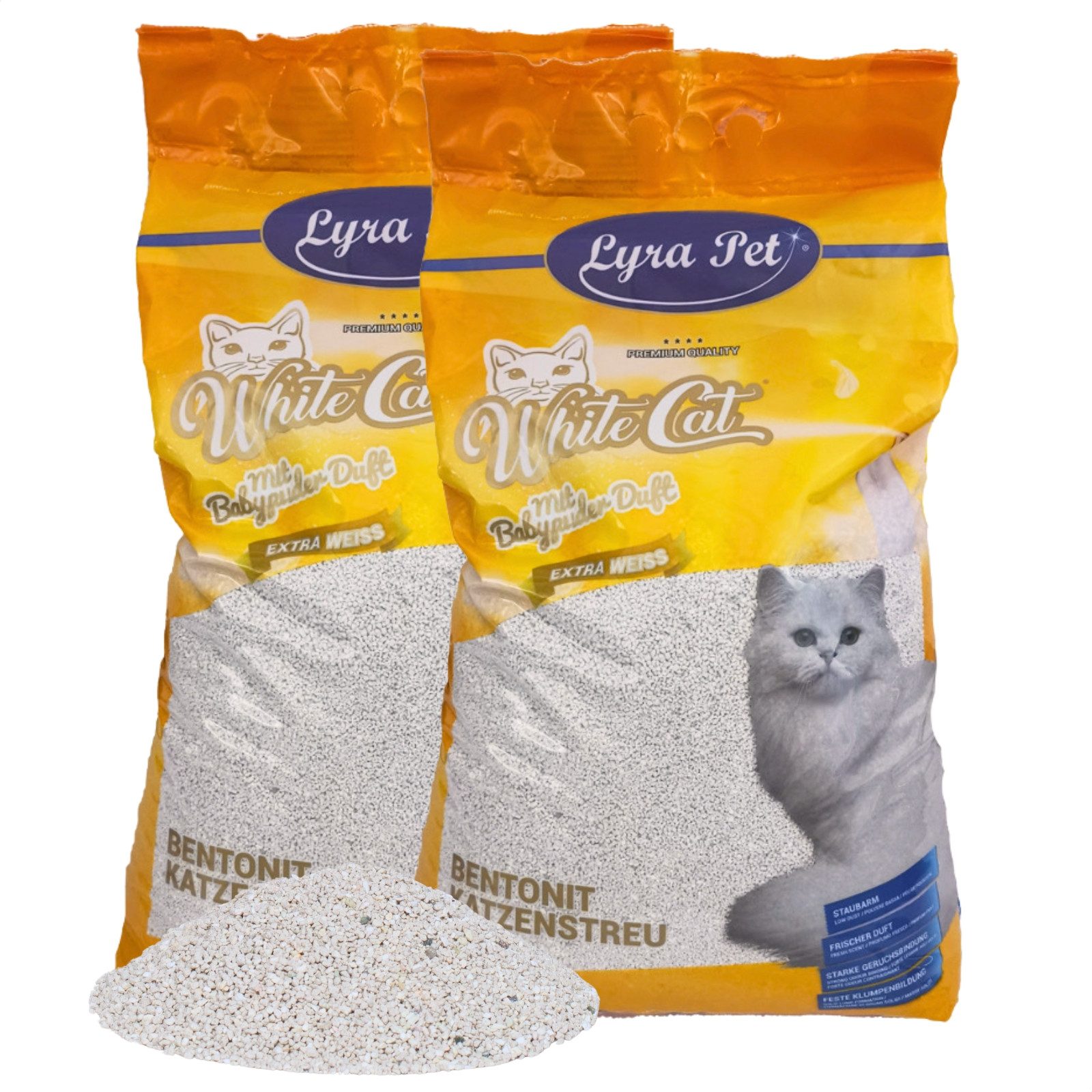 Lyra Pet Katzenstreu 2 x 15 Liter Lyra Pet® White Cat® Katzenstreu Bentonit Babypuderduft, klumpend, staubfrei, staubarm