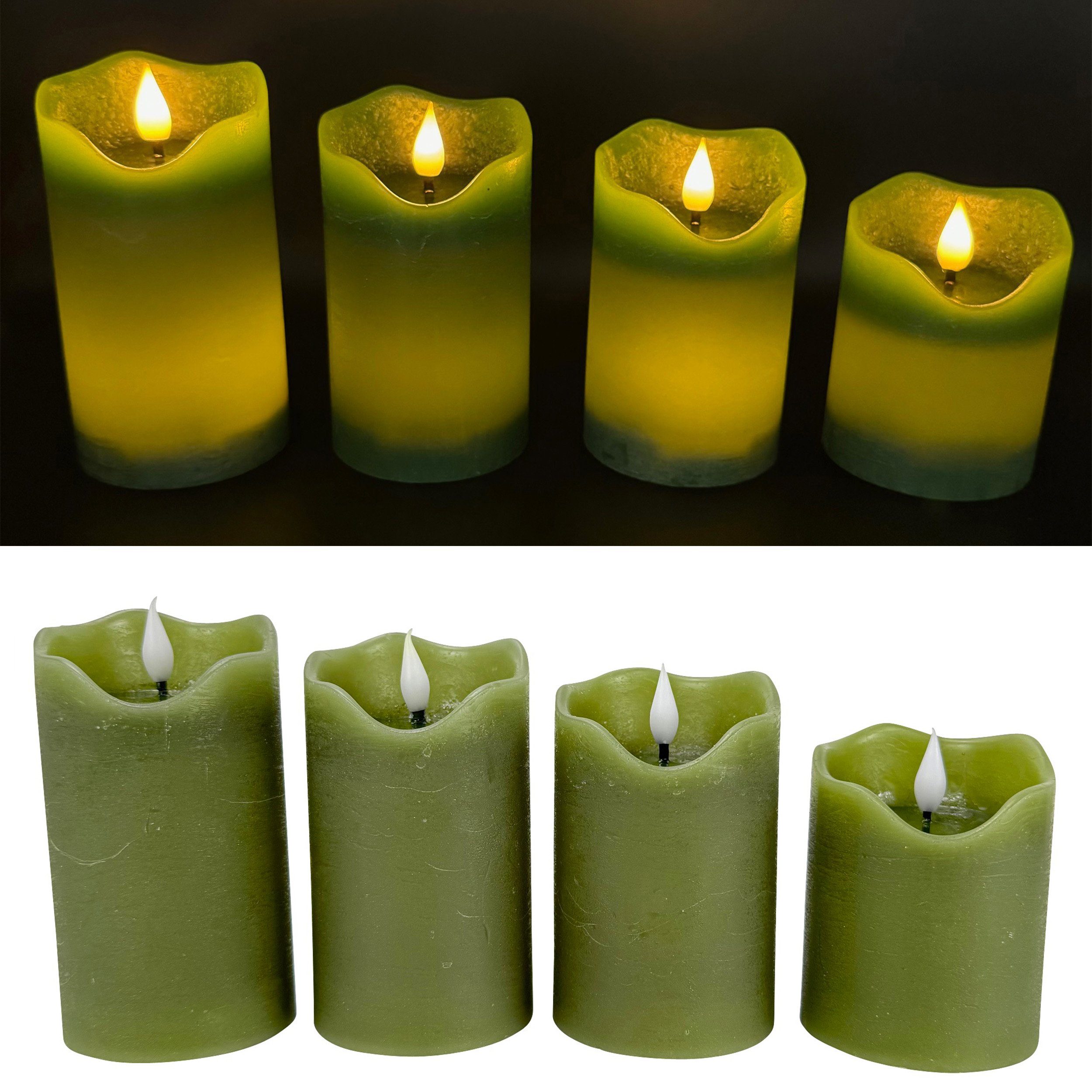 Online-Fuchs LED-Kerze - 4 LED Свечи im Set mit Dimmer, Timer und Fernbedienung (Spiegelnde Flamme mit Docht -, Weiß, Grün, Lila und Rot), 2 bis 8 Stunden Timer wählbar