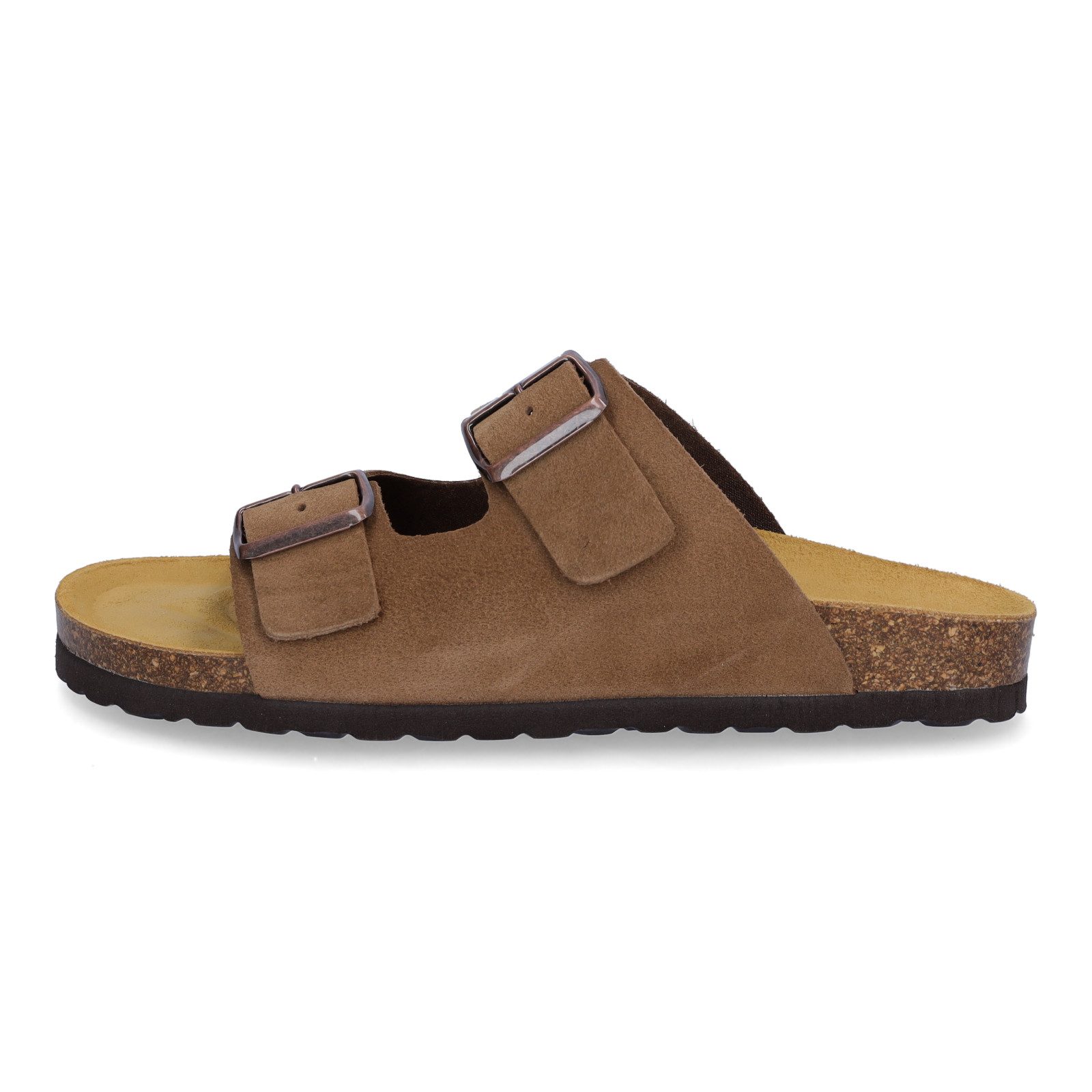 MIDS MOMO Damen Pantolette tan aus Velourleder, Zweiriemer mit farblich abgestimmten Schnallen