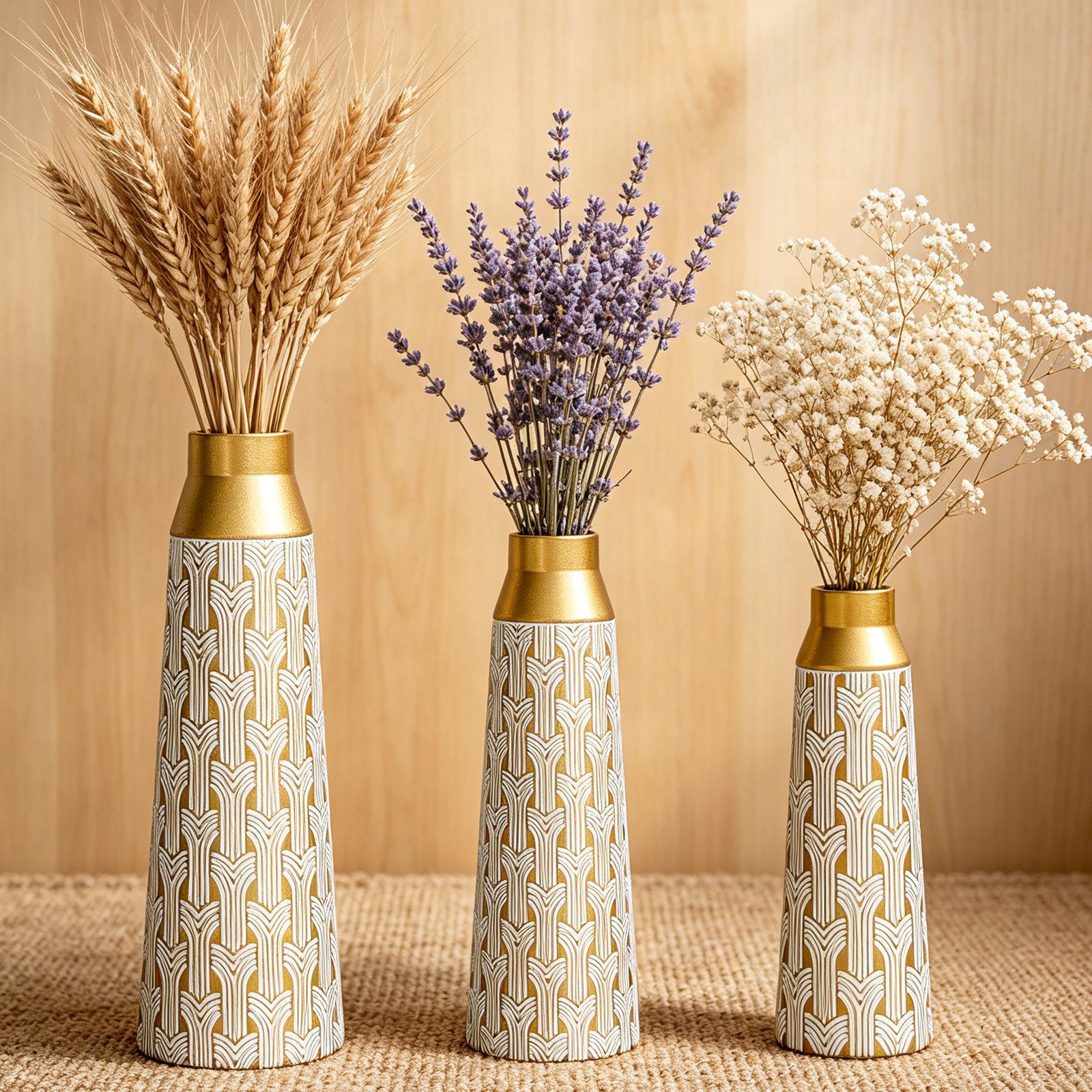 BlingBin Bodenvase Bodenvase 3er Set, Metall Vase mit Geometrischem Muster, 42/51/61 cm (3er Set, 3 St., Groß: 20x20x61cm, Mittel: 17x17x51cm, Klein: 15x15x44cm), Dekovase für Wohnzimmer, Esszimmer, Trockenblumen & Pampasgras, Weiß