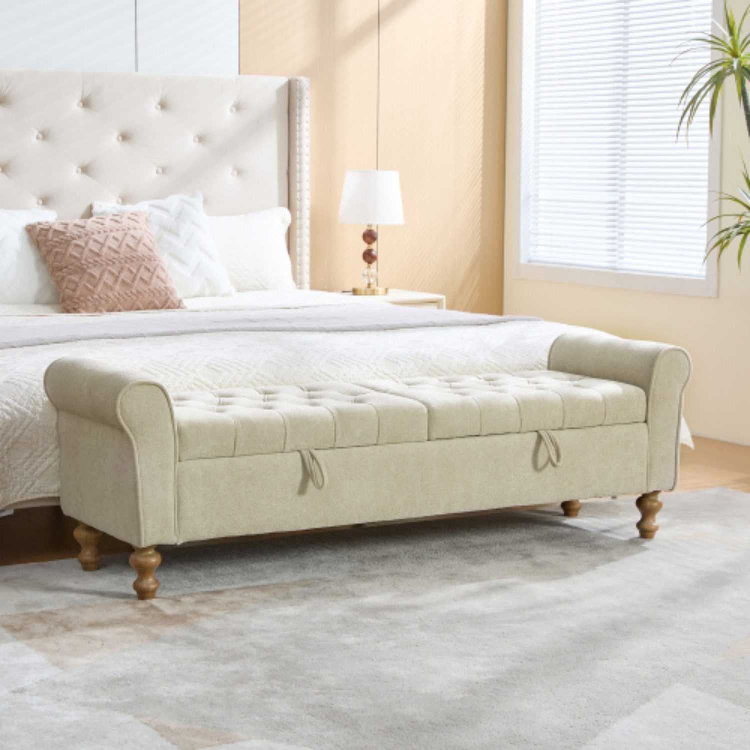 ANYSUN Bettbank Polsterbank mit Stauraum, 2 Klappdeckeln, Armlehnen & Chenille, 156×46×51 cm, bis 158 kg, für Schlafzimmer, Flur & Wohnzimmer