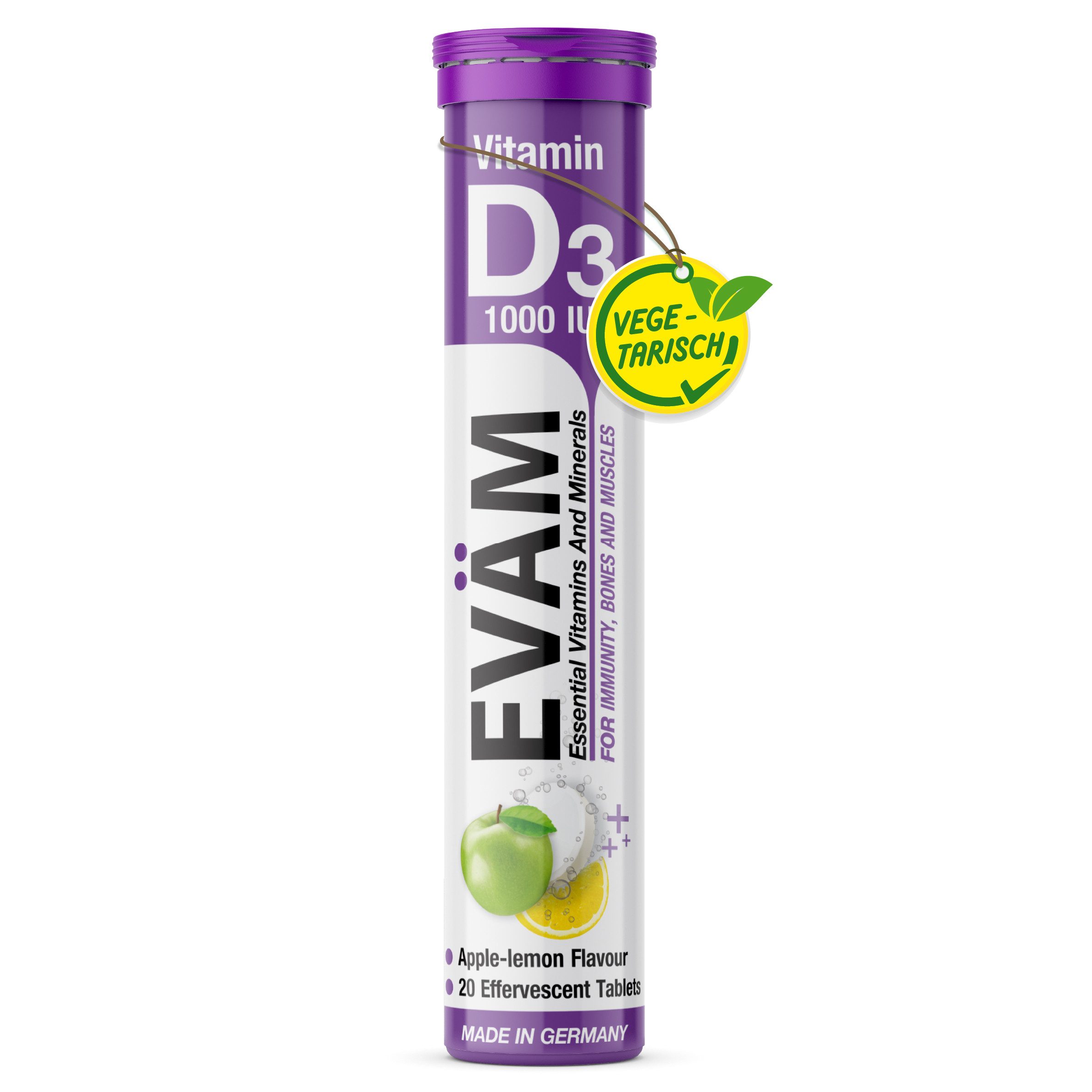 EVÄM Vitamin D3 1000 I.E., Apfel-Zitrone – 25 µg = 500% NRV, vegetarisch Brausetabletten, 1 er Rörchen à 20 St., 82 g, made in Deutschland