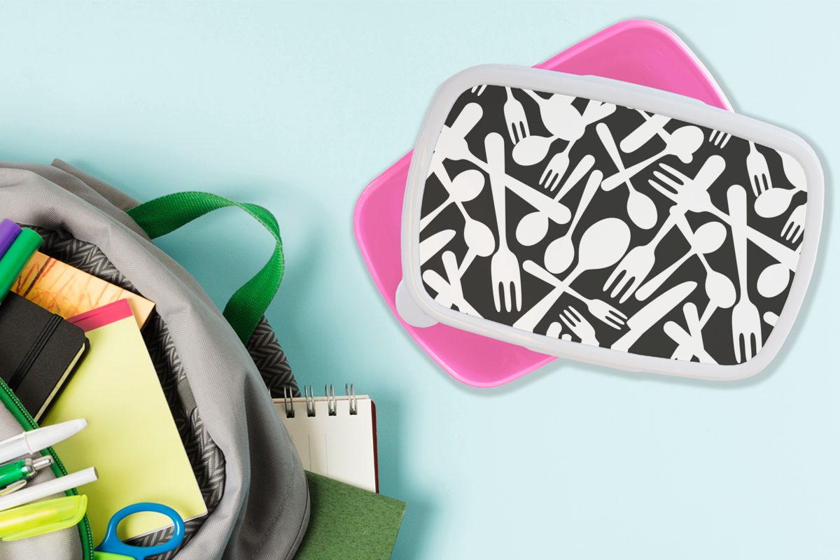 für (2-tlg), - Schwarz Weiß, Kunststoff, MuchoWow Snackbox, Brotbox und Erwachsene, Brotdose Kunststoff Lunchbox Mädchen, Kinder, Besteck - rosa Muster