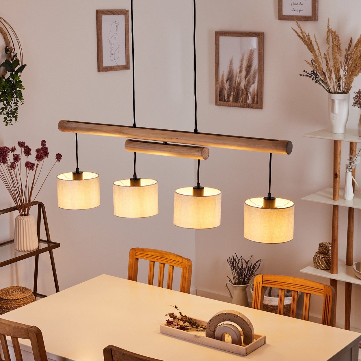 hofstein Hängeleuchte »Vallicchio« Pendellampe aus Metall und Holz in Schwarz/Natur, ohne Leuchtmittel, Lampe mit Stoffschirmen in Grau mit verstellbaren Holzbalken, 4xE27
