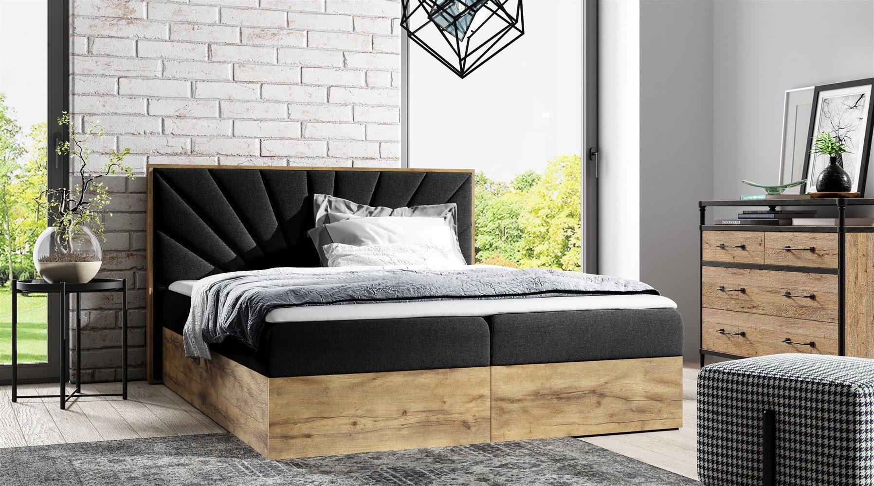 Fun Möbel Boxbett Schlafzimmerbett DAIMON Überlänge (220cm) in Stoff Faro (auch in Standardlänge erhältlich, inkl. Kaltschaumtopper und Bettkästen), Lancelot-Eiche-Optik
