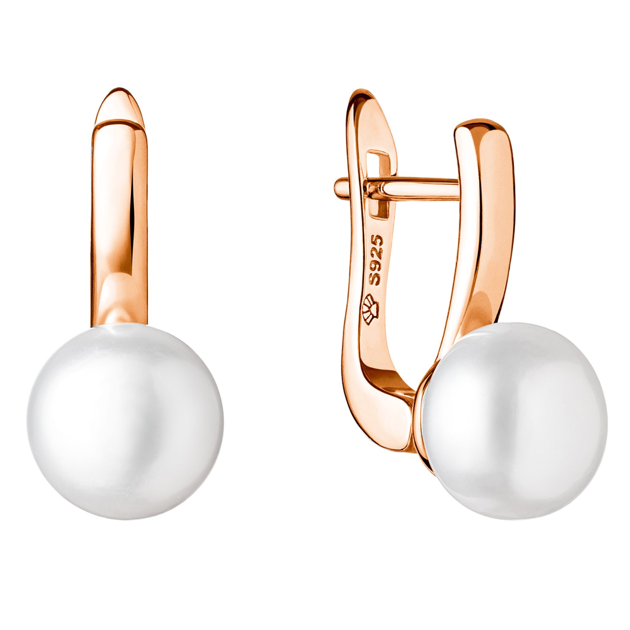 Gaura Pearls Perlenohrringe weiß, 9 mm, Button, Klappverschluss, 585 Roségold plattiertes Sterlingsilber