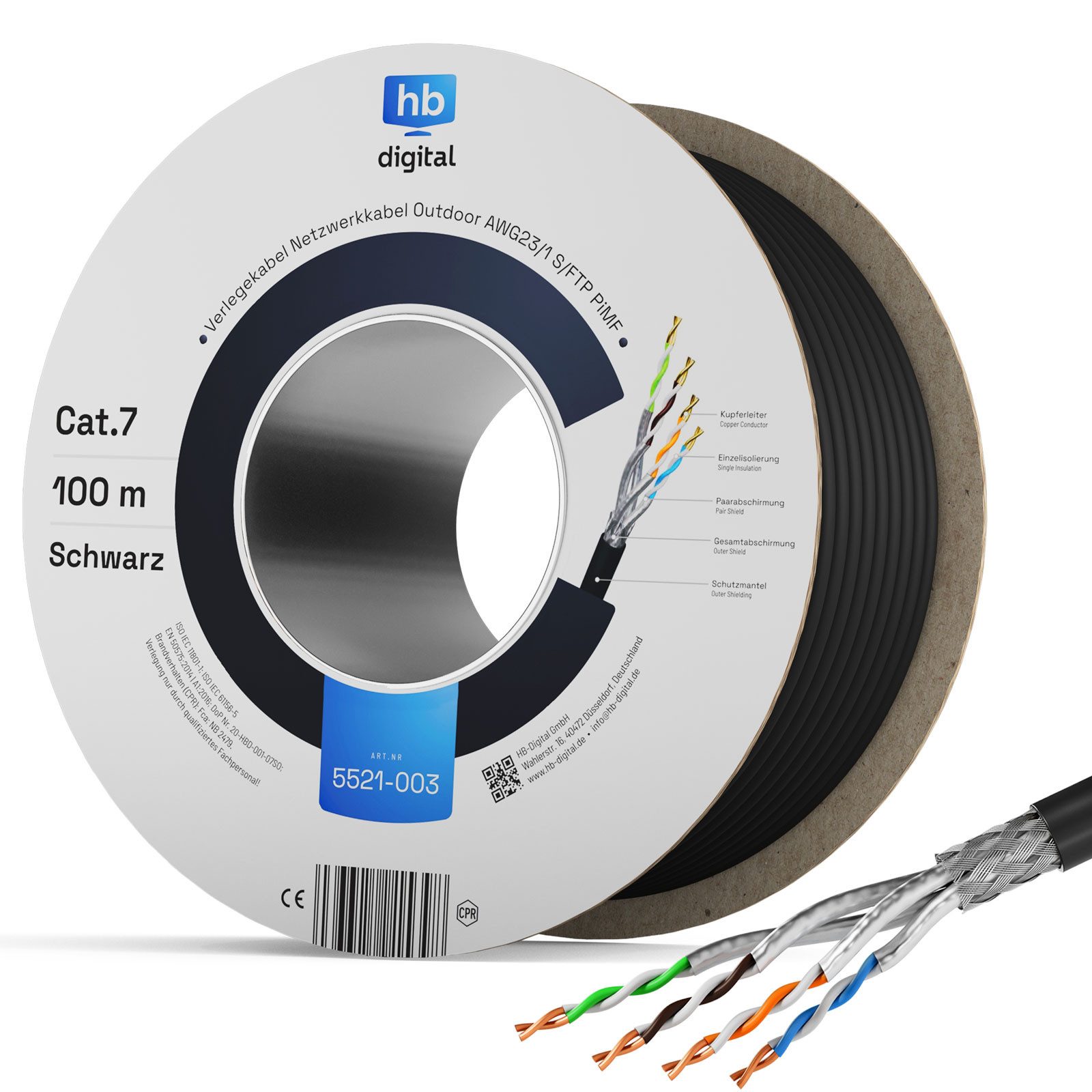 HB-DIGITAL Kabel CAT 7 Outdoor AWG23 Netzwerkkabel, Netzwerkstecker, (10000 cm), Premium Qualität mit Ø 7,2mm Außendurchmesser