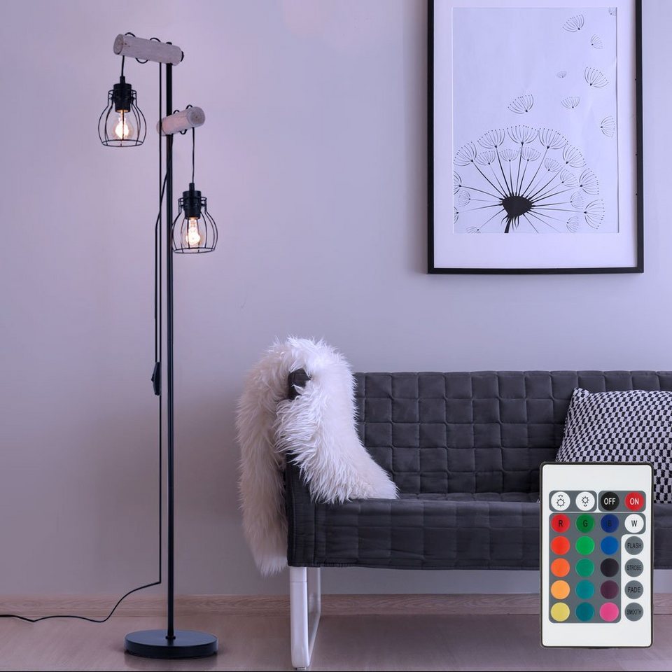 Globo LED Stehlampe, Leuchtmittel inklusive, Warmweiß, Stehlampe  Stehleuchte Holzlampe Dimmer Fernbedienung 2 flammig RGB LED
