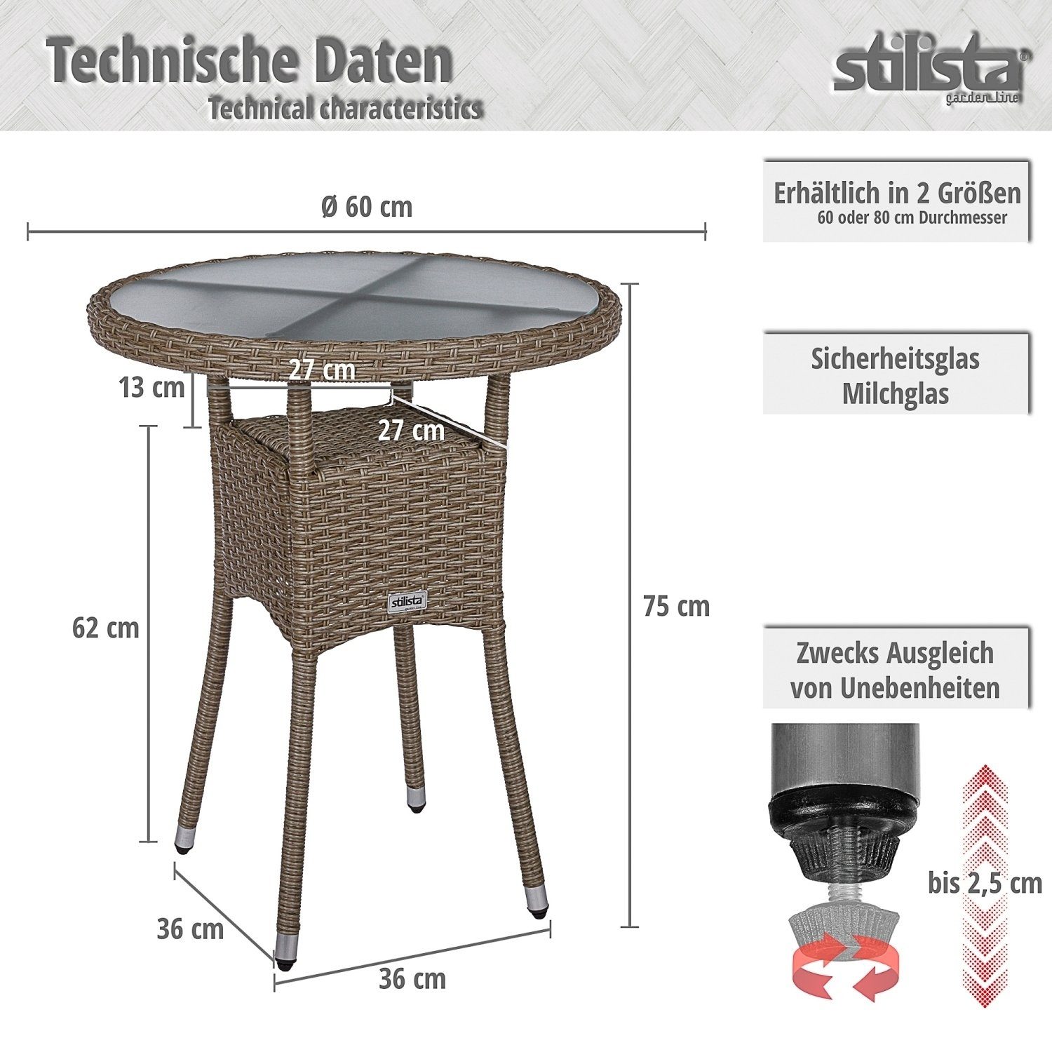 STILISTA Beistelltisch Gartentisch Balkontisch Loungetisch Tischplatte, und Farbwahl Polyrattan, Glas Rund, Modell- Schwarz Kaffeetisch