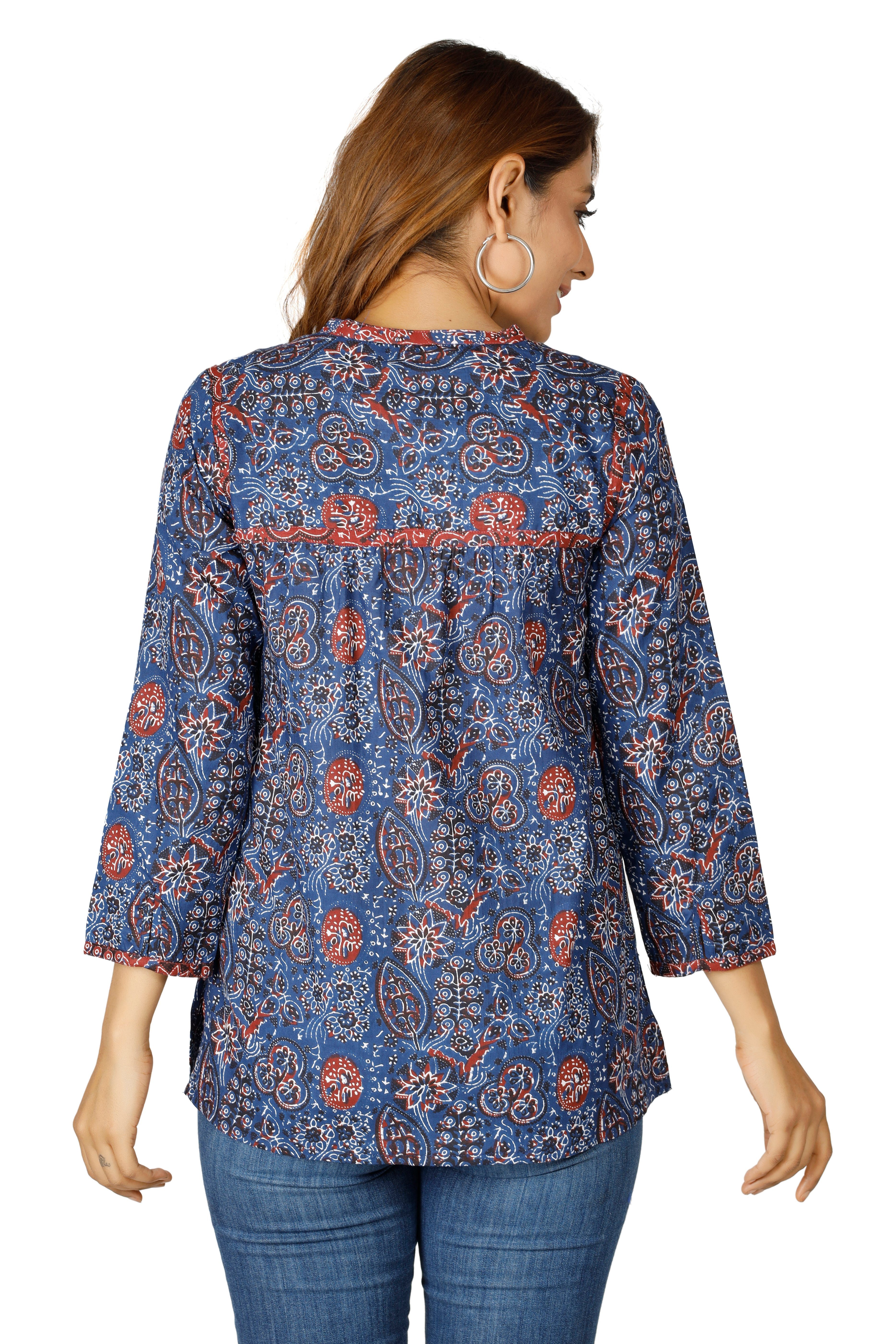 Bekleidung luftige Longbluse blau Baumwollbluse.. Handbedruckte Guru-Shop alternative Bohobluse,