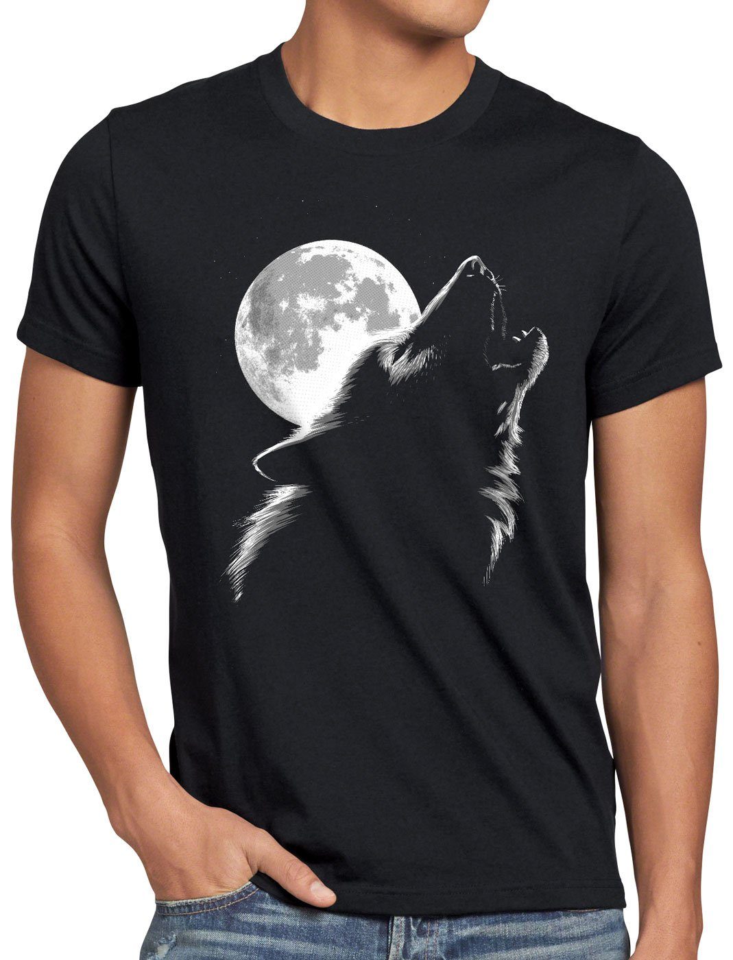style3 Print-Shirt Herren T-Shirt Heulender Vollmond wald Wolf rudel bei