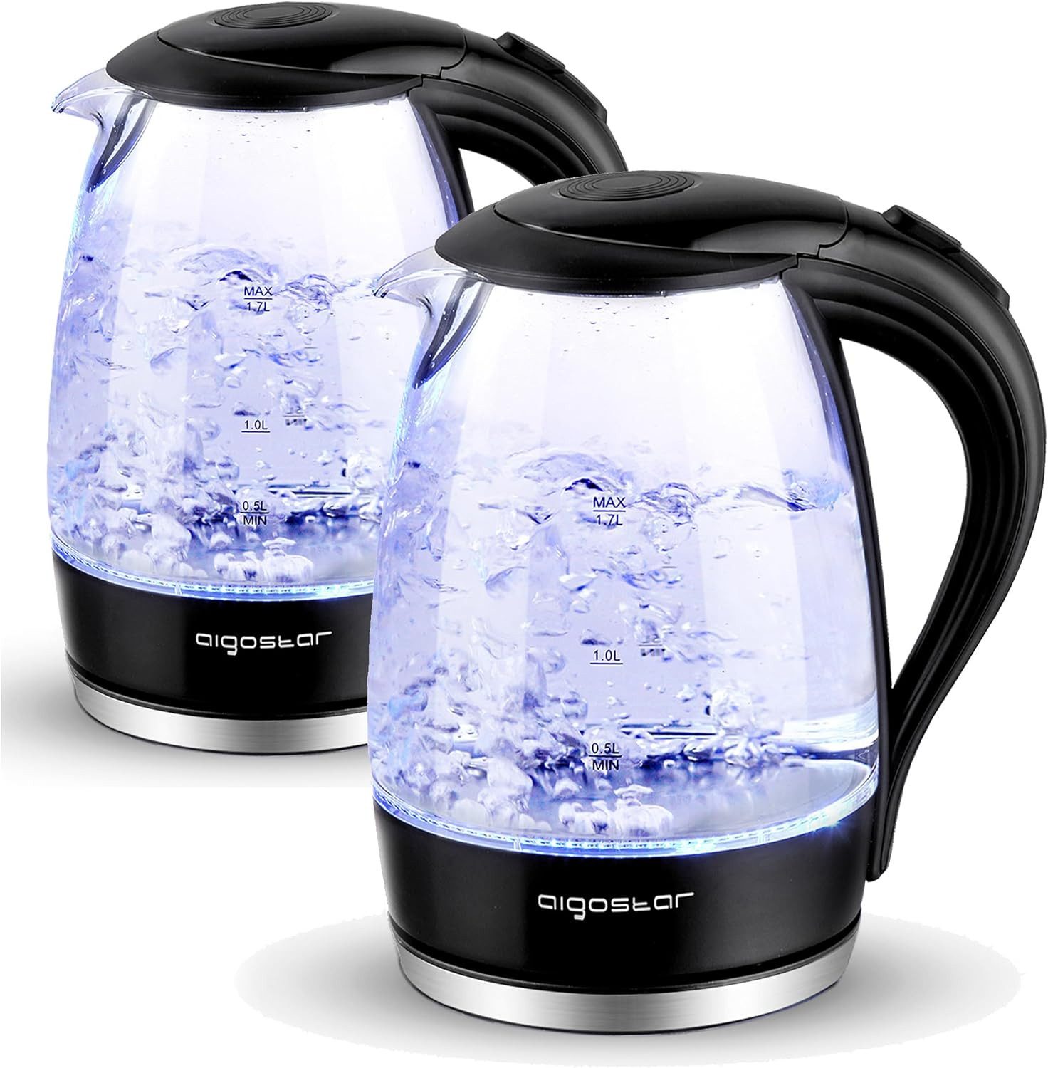 Aigostar Елктрочайники Glas mit Kalkfilter, Glaswasserkocher LED-Beleuchtung, 100% BPA Frei, 1.7 l, 2200,00 W, 360° Edelstahl Sockel, Trockenaufschutz
