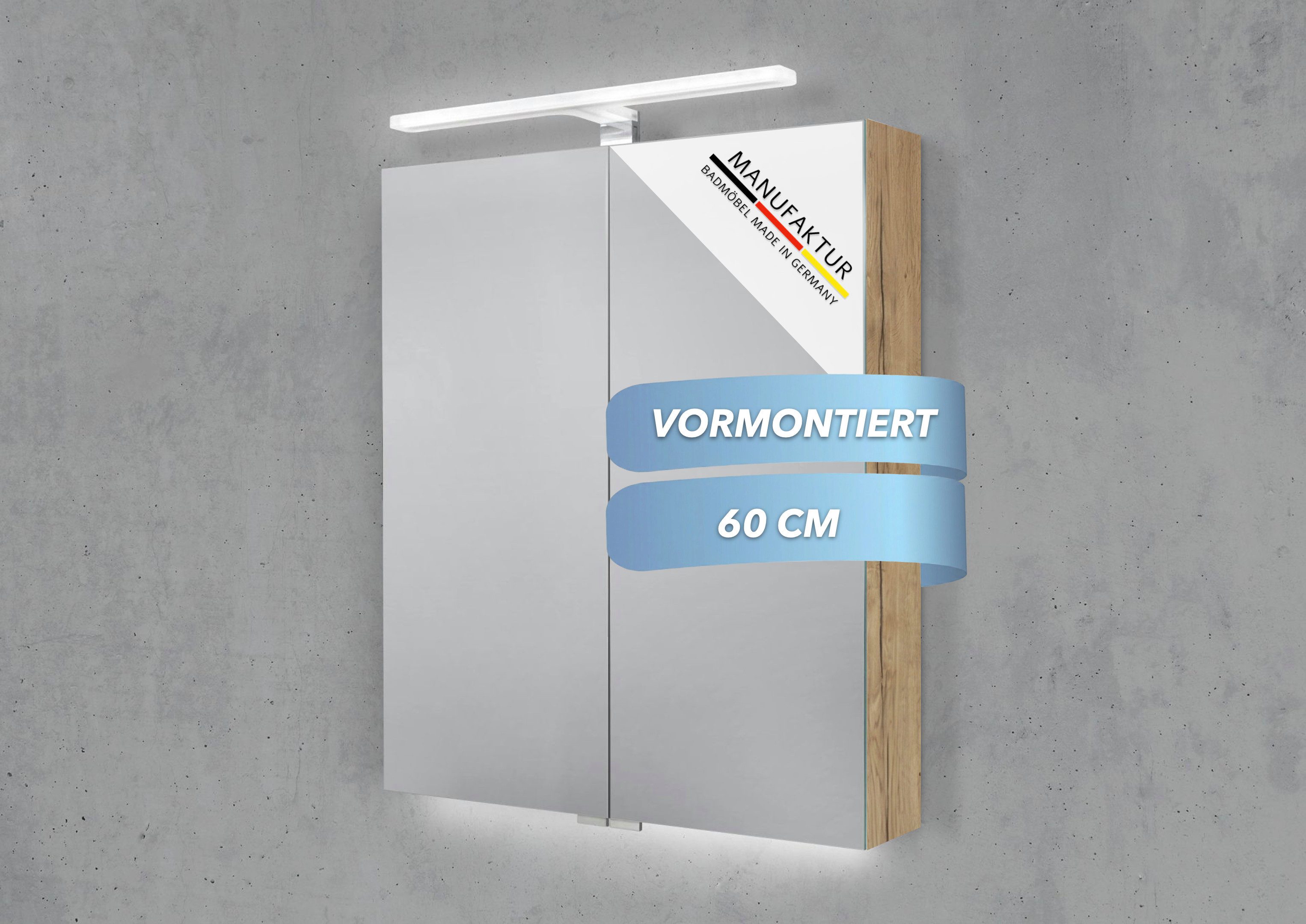 Intarbad Badezimmerspiegelschrank 2-türiger Spiegelschrank mit MULTI LED Acryl Aufsatzleuchte, dimmbar (Doppelspiegeltüren, Holz-/ Lackdekore, Maße von 60 bis 120 cm wählbar, Höhe 70 cm, Glasfachböden, Magnetleiste & Kosmetikspiegel Ø 12 cm) Vormontierte Lieferung, Floatglas, 160 kg Traglast, Made in Germany