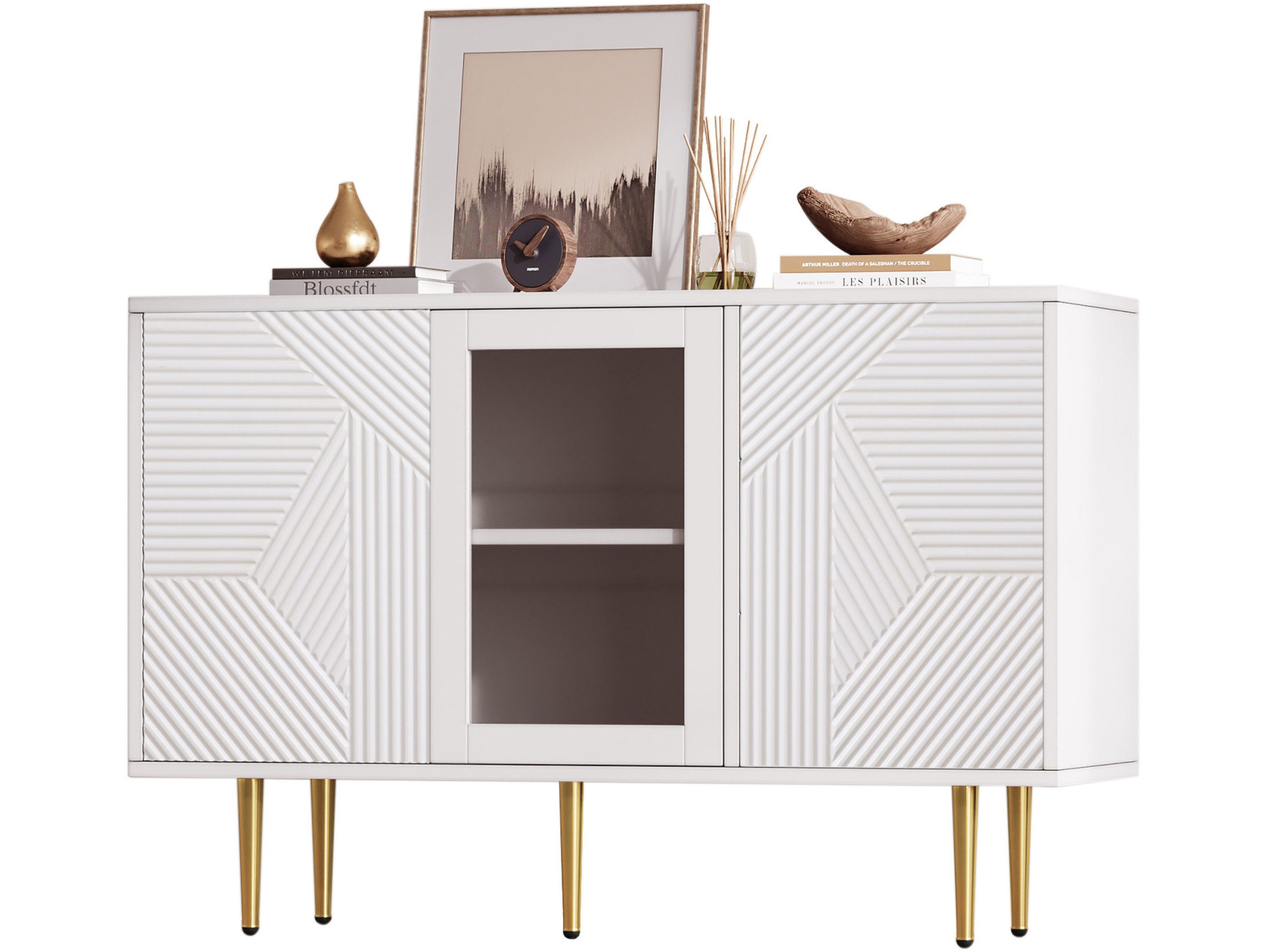 SeedWave Sideboard Grifflose Kommode Kunstlerisches Sideboard mit Geometrischen Mustern, Türen mit Rückprallstellsetzung, Eingelassenem Glas für Präsentation