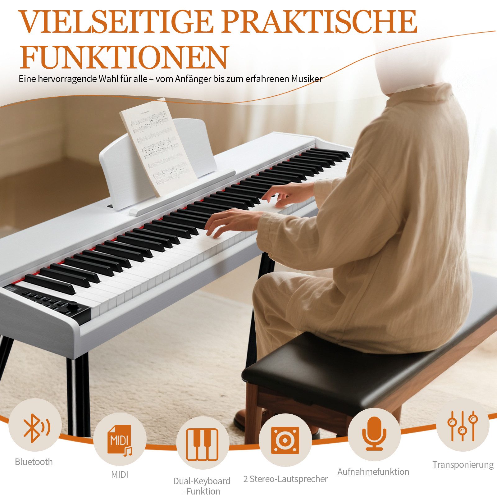 LALAHO Digitalpiano E-Piano 88 Tasten halbgewichtete Tastatur,Bluetooth und MIDI, Digital Keyboard mit Aufnahmefunktion, Transponierung – Bild 5 von 5