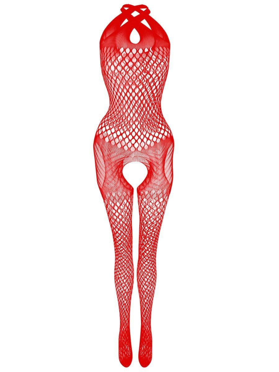 Elegant Love Bodystocking-Ouvert Neckholder Fischnetz Catsuit, Strumpfbody mit offenem Schritt Stilvolles Dessous, S–XL